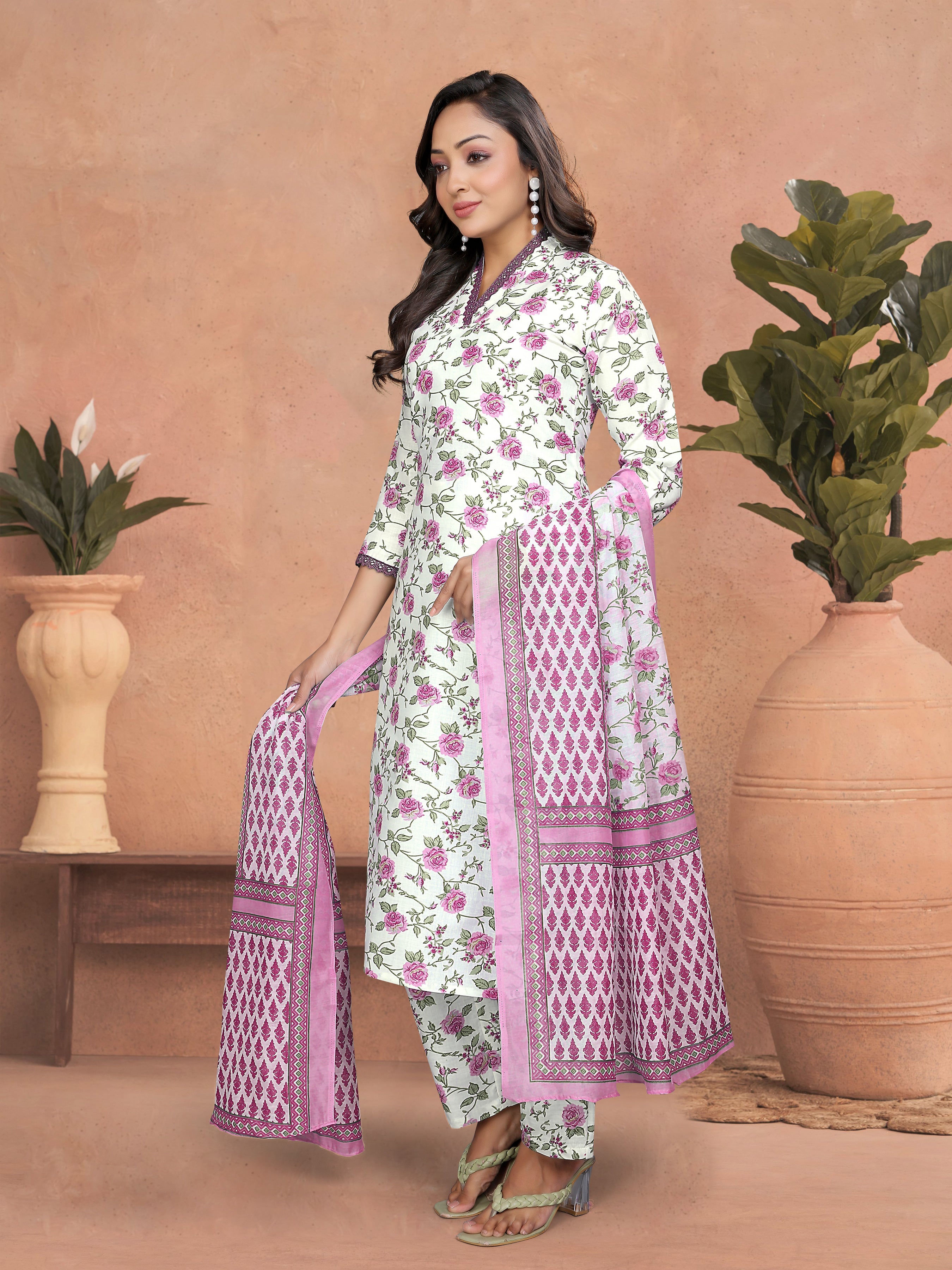 Women's Floral Regular 3/4 Sleeve Solid  Kurti Pant Set, Cotton Blend, Knee Length, Stylish Ethnic Outfit,