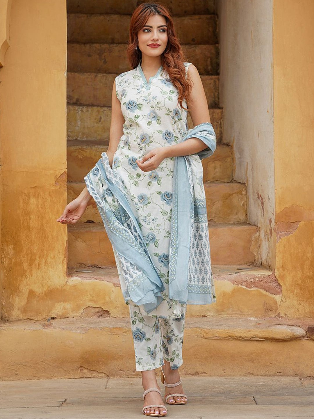 Womens Regular Sleeve less Kurta With Trousers & Dupatta Sets
