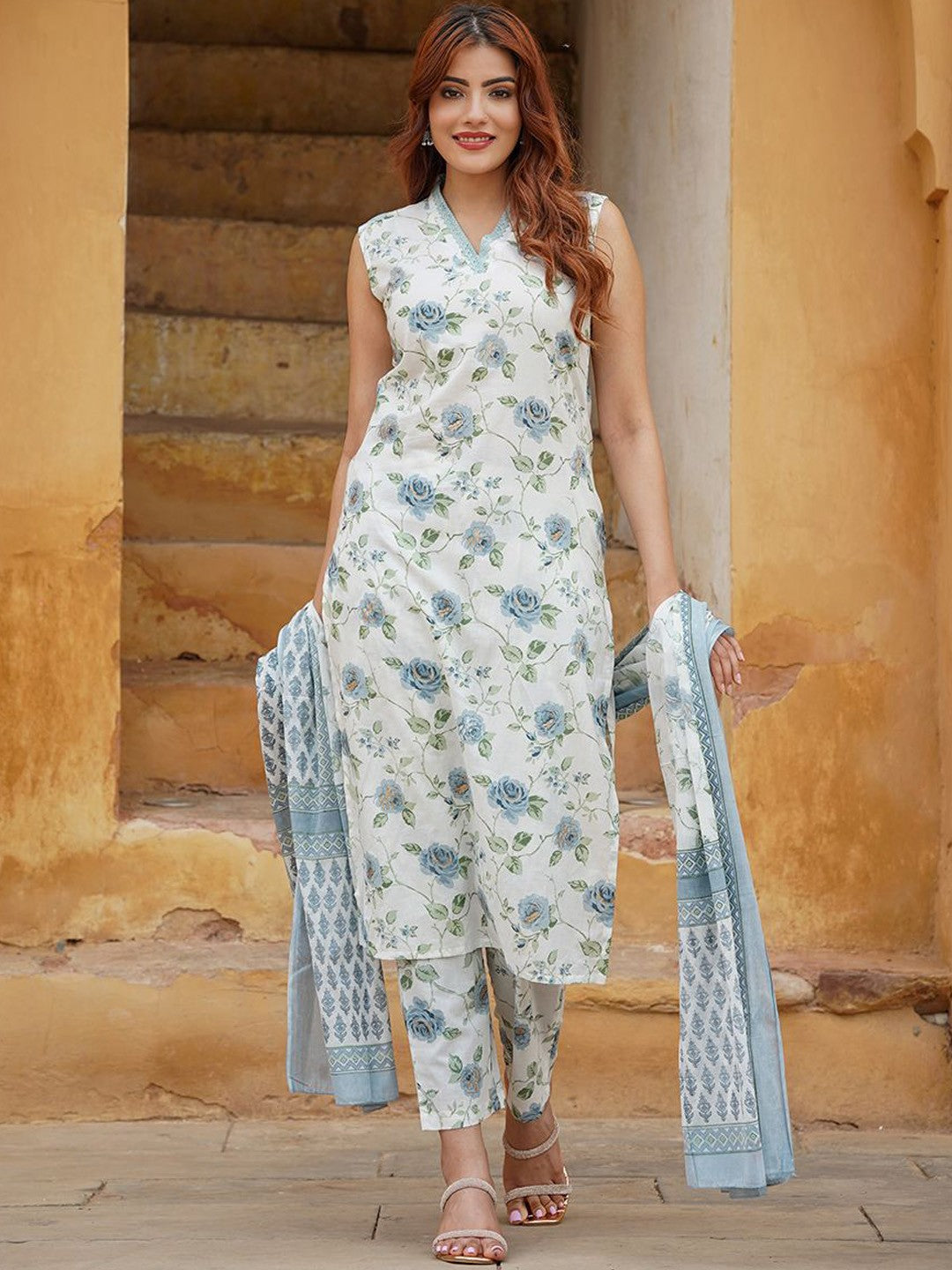 Womens Regular Sleeve less Kurta With Trousers & Dupatta Sets