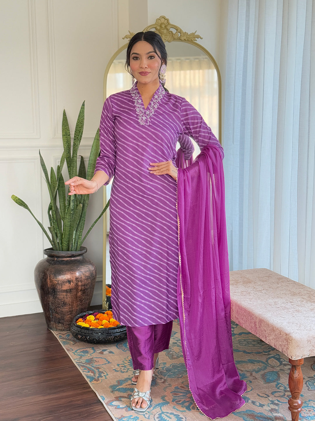 Women's Viscose Chanderi Embroidered Straight Kurta with Viscose Chanderi Pant & Viscose Chanderi Printed Dupatta Set