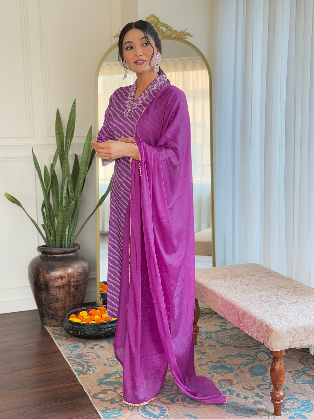 Women's Viscose Chanderi Embroidered Straight Kurta with Viscose Chanderi Pant & Viscose Chanderi Printed Dupatta Set