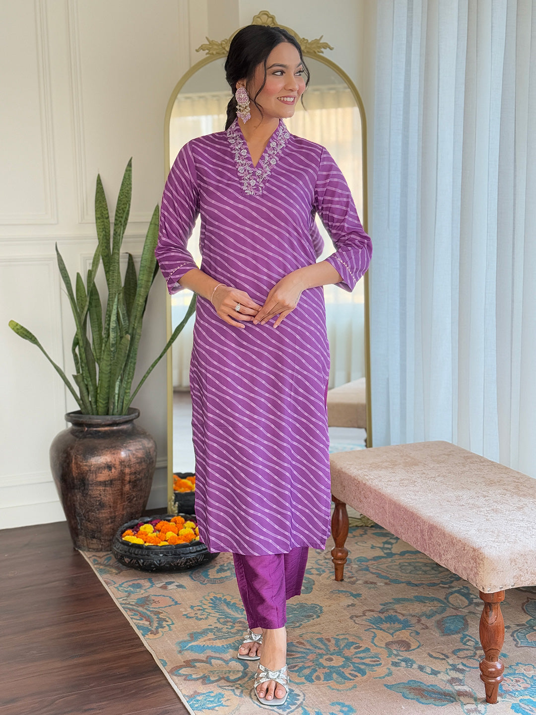 Women's Viscose Chanderi Embroidered Straight Kurta with Viscose Chanderi Pant & Viscose Chanderi Printed Dupatta Set