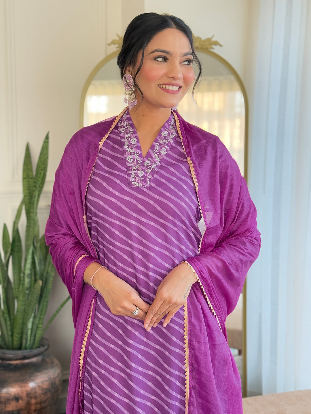Women's Viscose Chanderi Embroidered Straight Kurta with Viscose Chanderi Pant & Viscose Chanderi Printed Dupatta Set