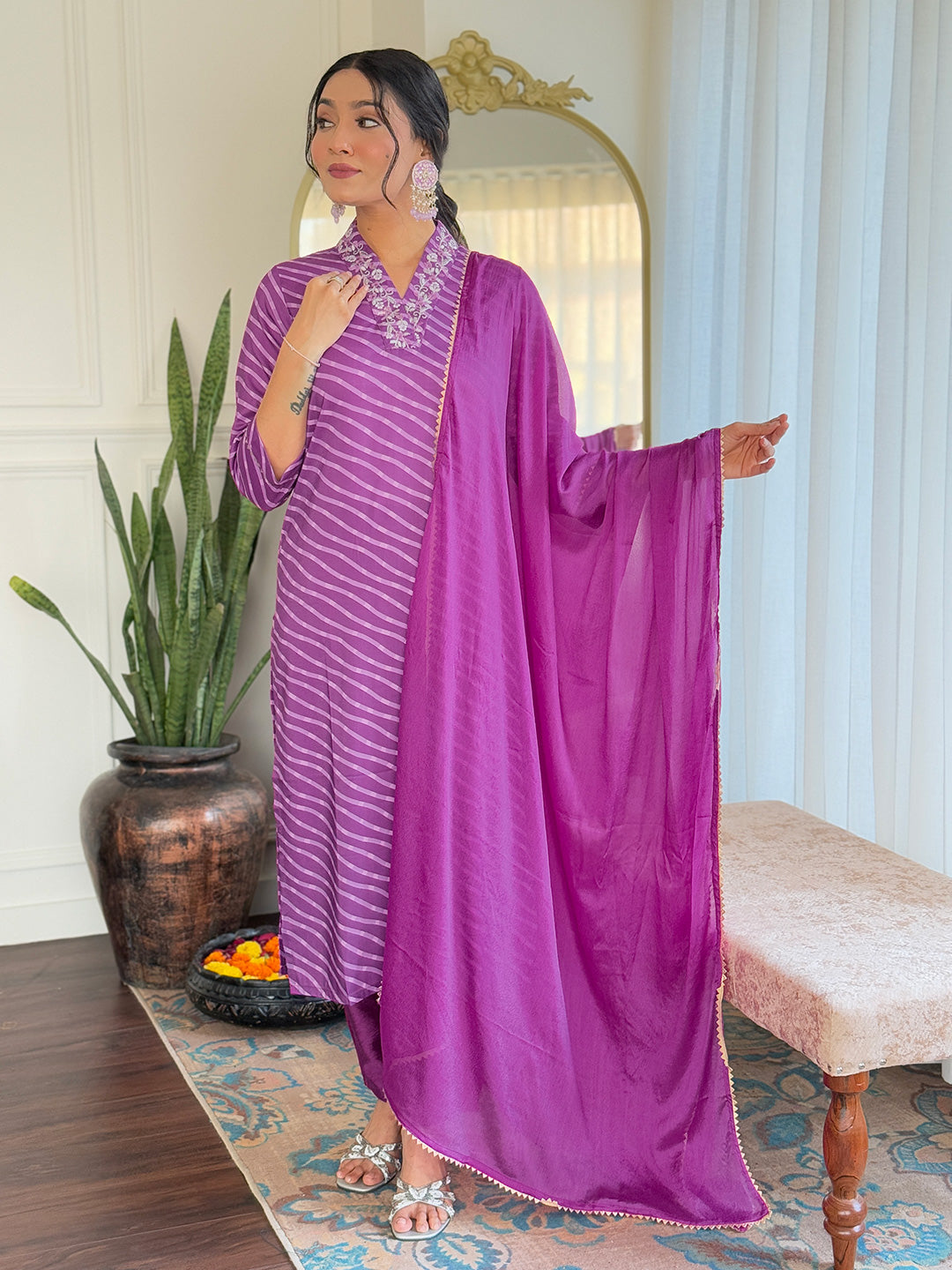 Women's Viscose Chanderi Embroidered Straight Kurta with Viscose Chanderi Pant & Viscose Chanderi Printed Dupatta Set