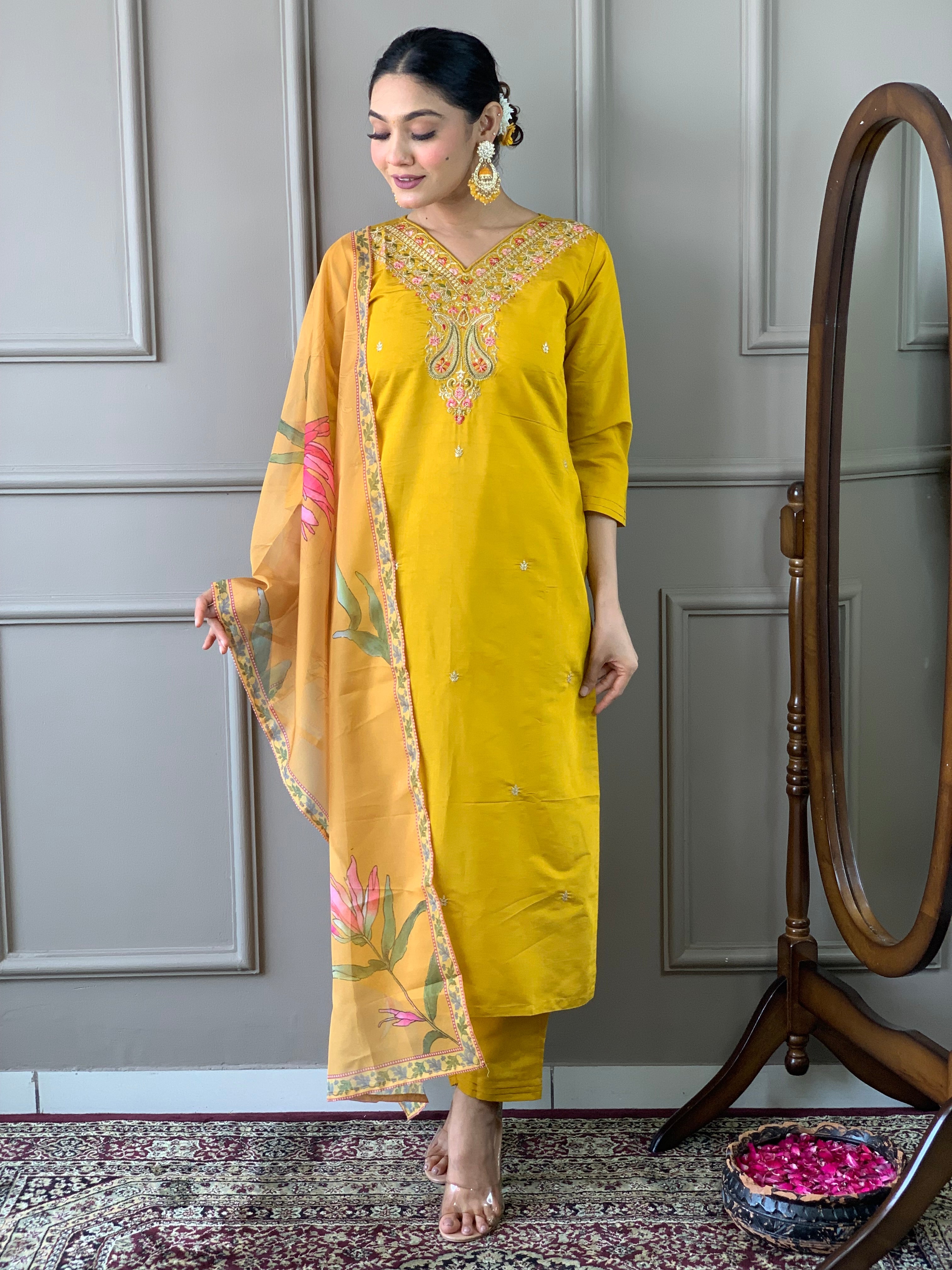 Women's Embroidered Straight Kurta with Viscose Rayon Pant & Naylon Taby Printed Dupatta Set