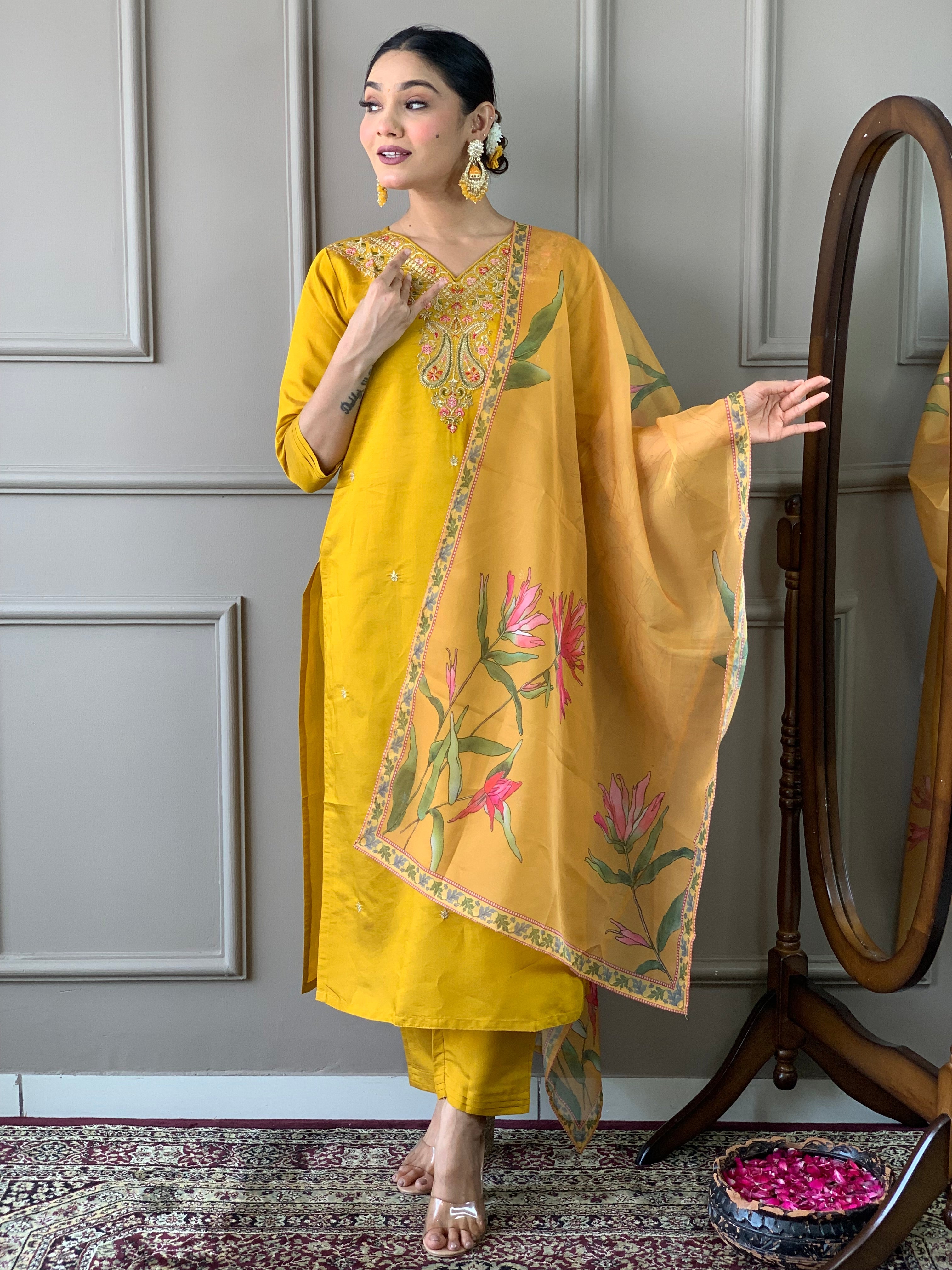 Women's Embroidered Straight Kurta with Viscose Rayon Pant & Naylon Taby Printed Dupatta Set