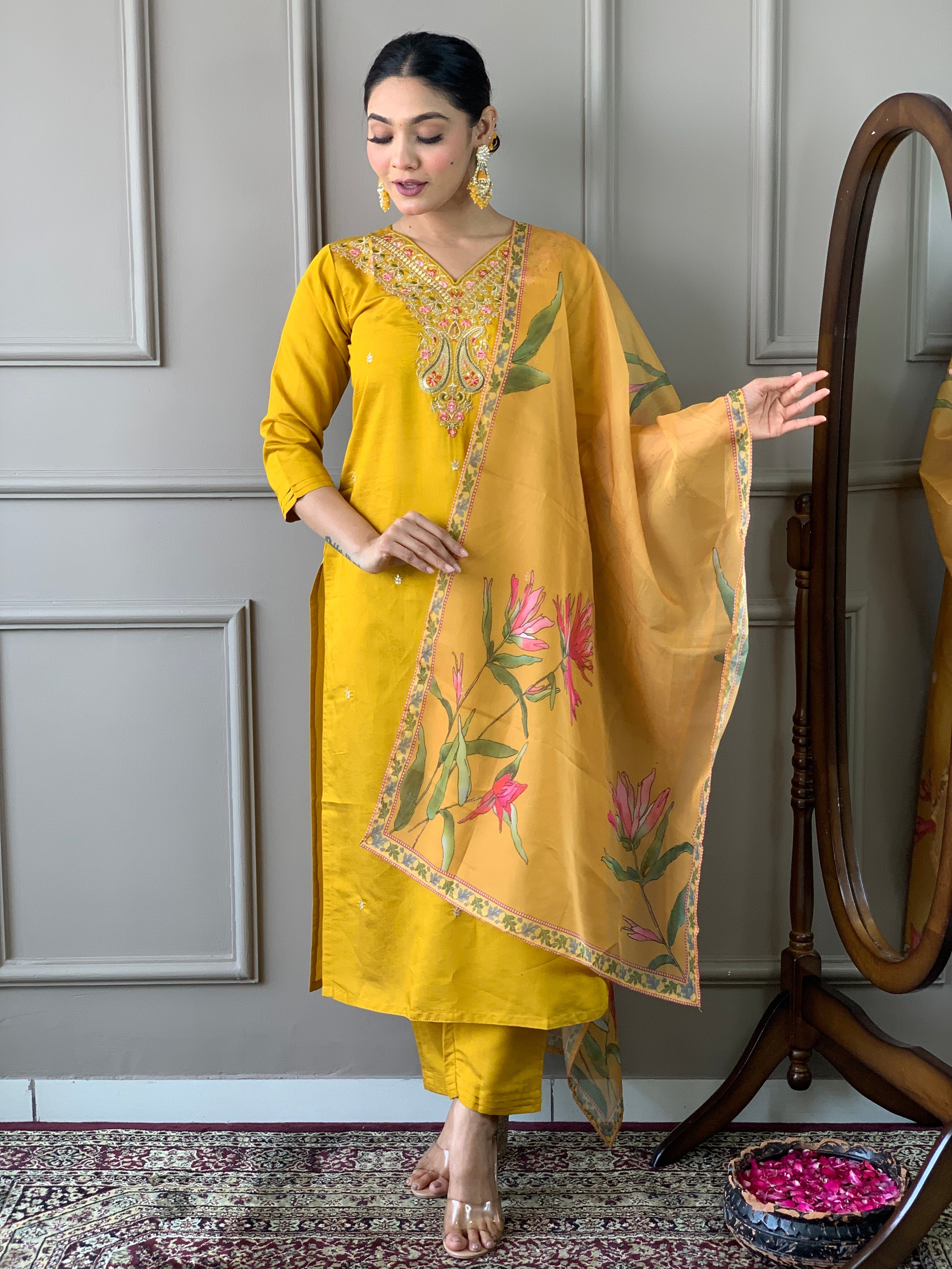 Women's Embroidered Straight Kurta with Viscose Rayon Pant & Naylon Taby Printed Dupatta Set