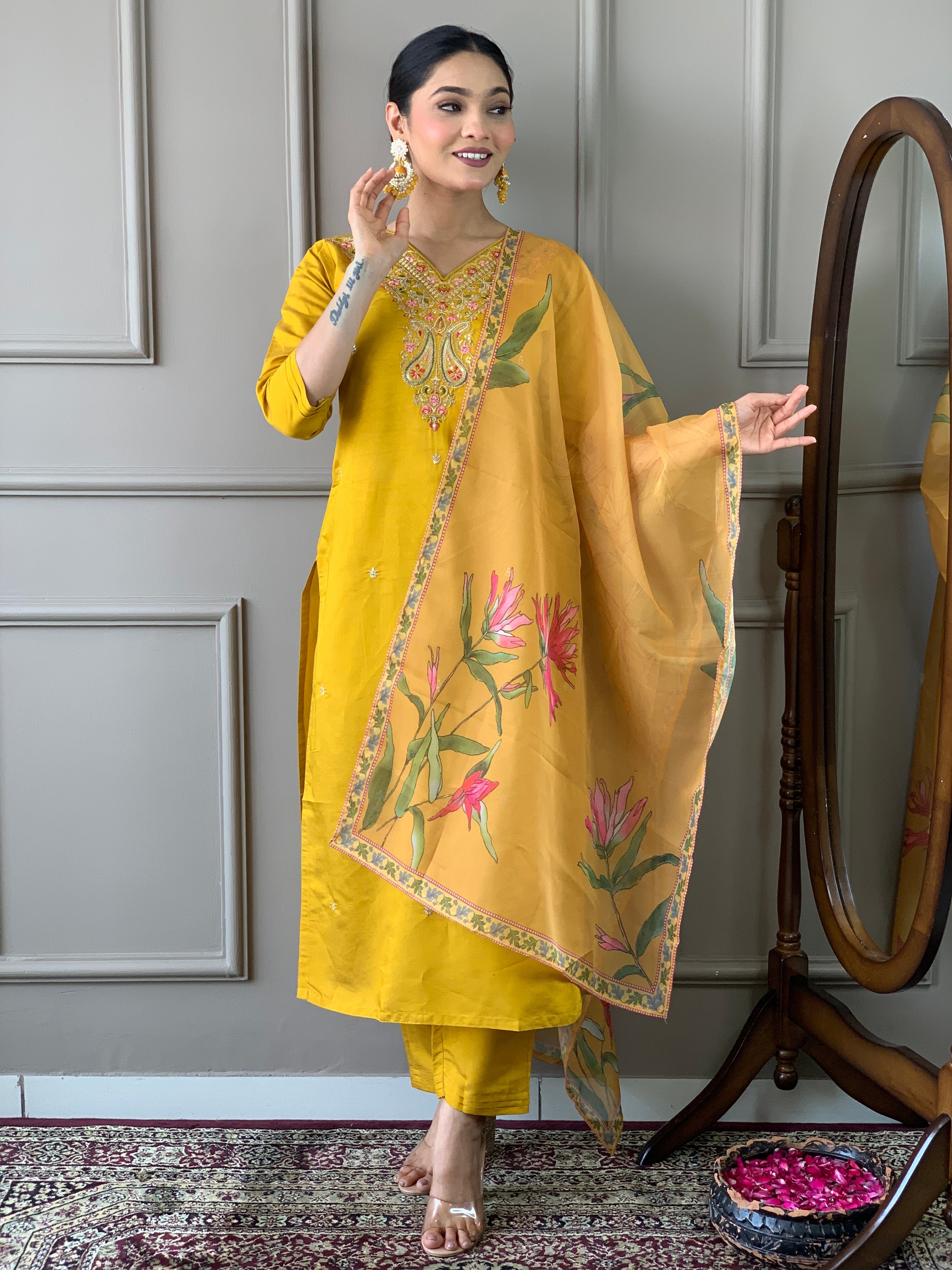 Women's Embroidered Straight Kurta with Viscose Rayon Pant & Naylon Taby Printed Dupatta Set