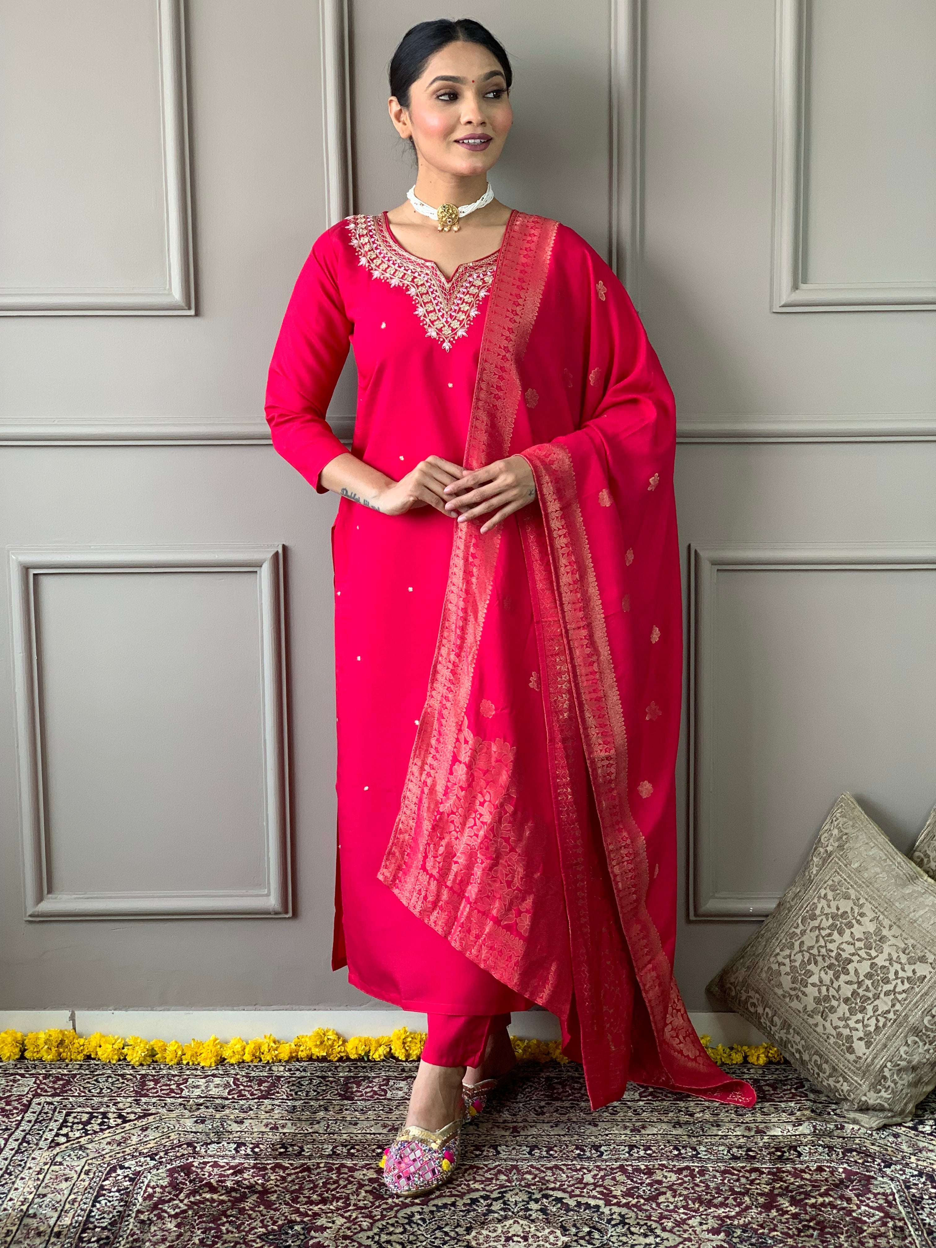 Women's Embroidered Straight Kurta with Viscose Chanderi Pant & Naylon Jacquard Printed Dupatta Set