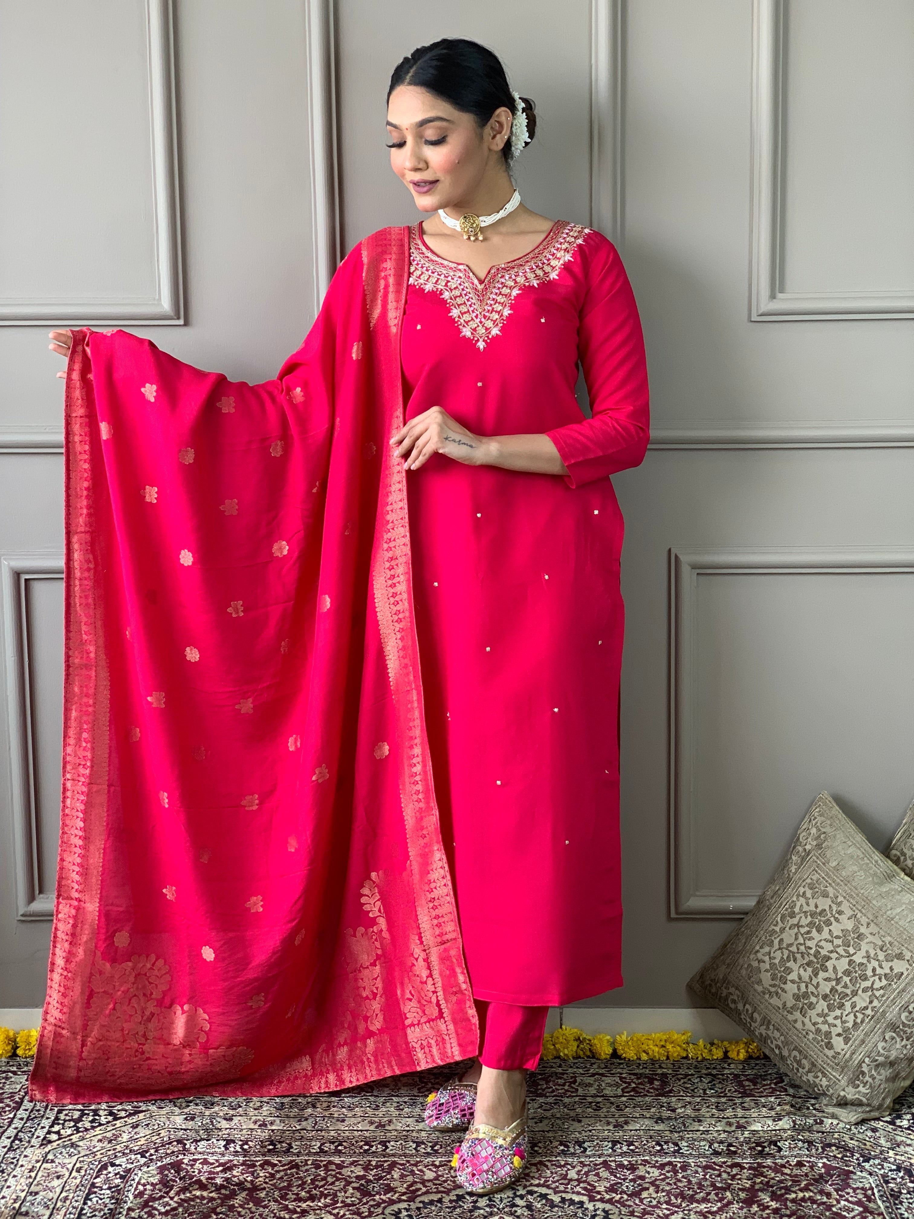 Women's Embroidered Straight Kurta with Viscose Chanderi Pant & Naylon Jacquard Printed Dupatta Set