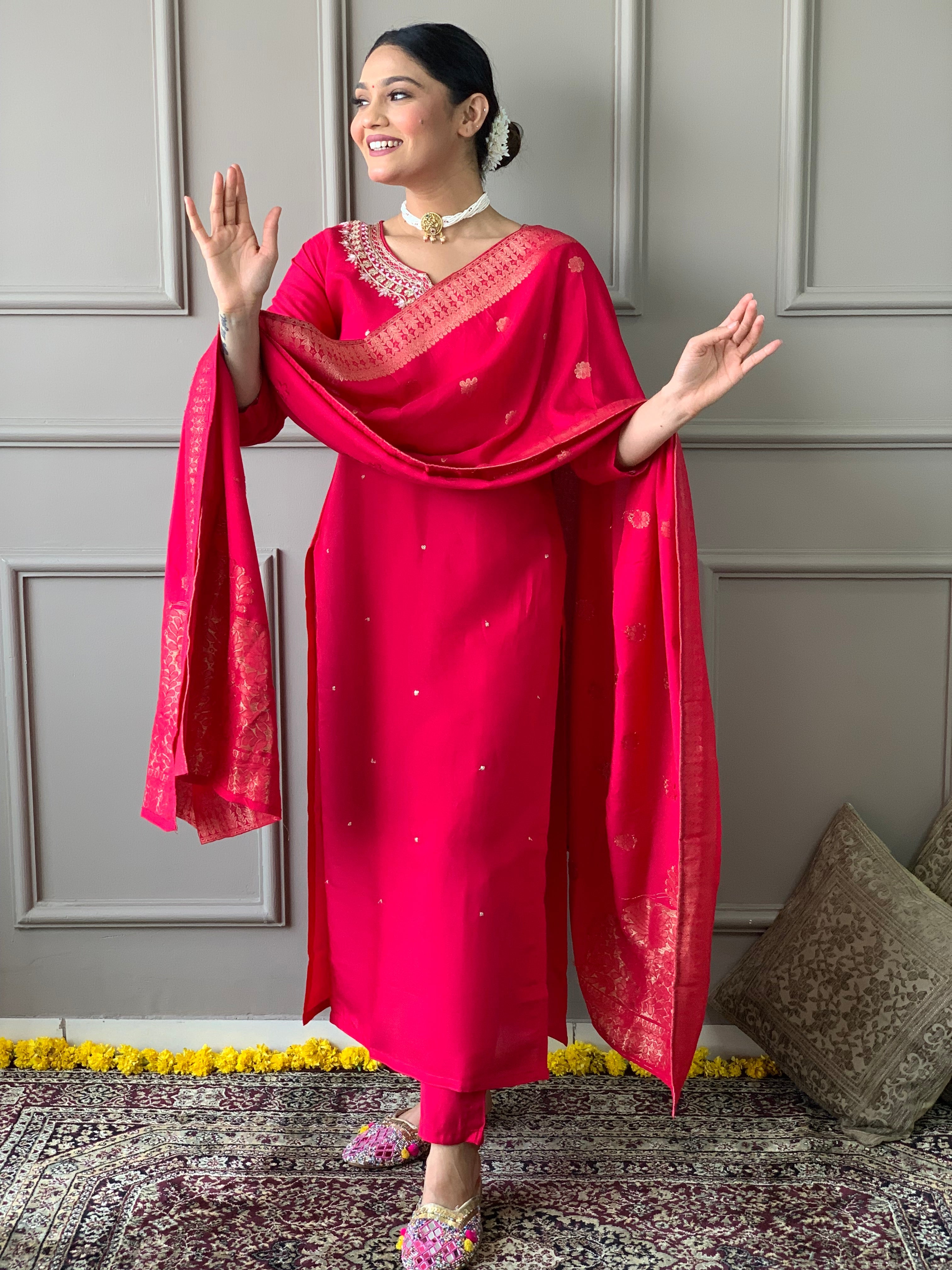 Women's Embroidered Straight Kurta with Viscose Chanderi Pant & Naylon Jacquard Printed Dupatta Set
