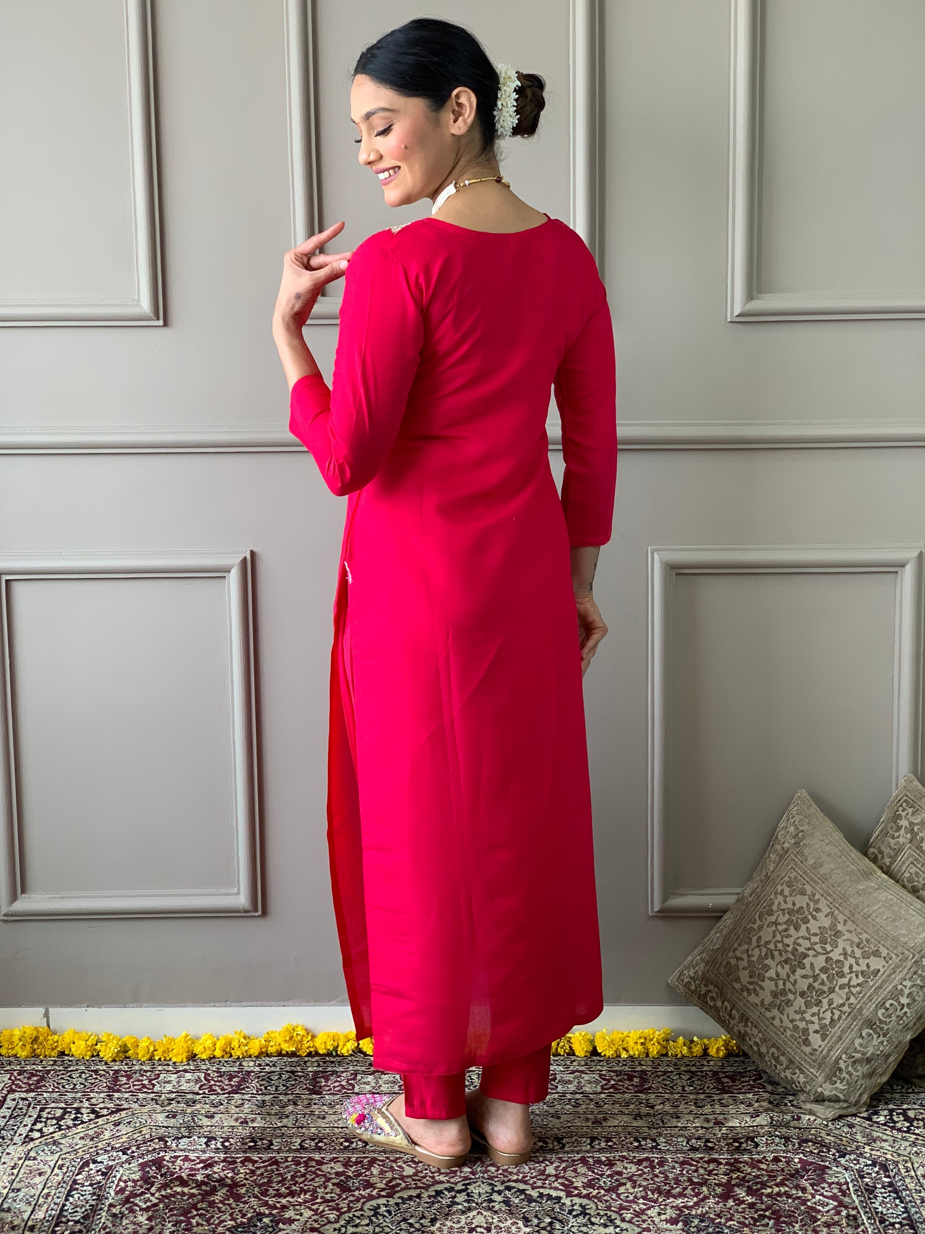 Women's Embroidered Straight Kurta with Viscose Chanderi Pant & Naylon Jacquard Printed Dupatta Set