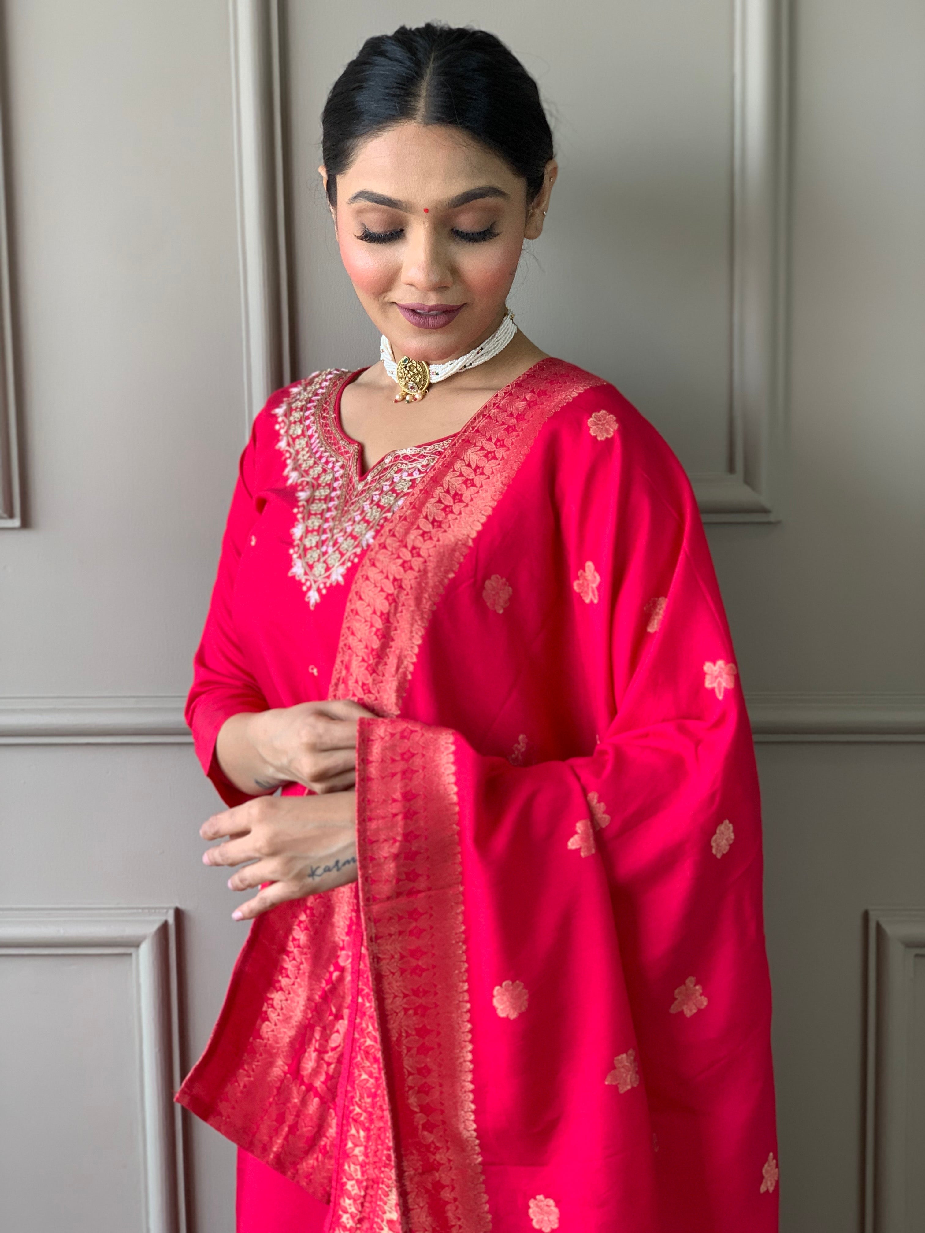 Women's Embroidered Straight Kurta with Viscose Chanderi Pant & Naylon Jacquard Printed Dupatta Set