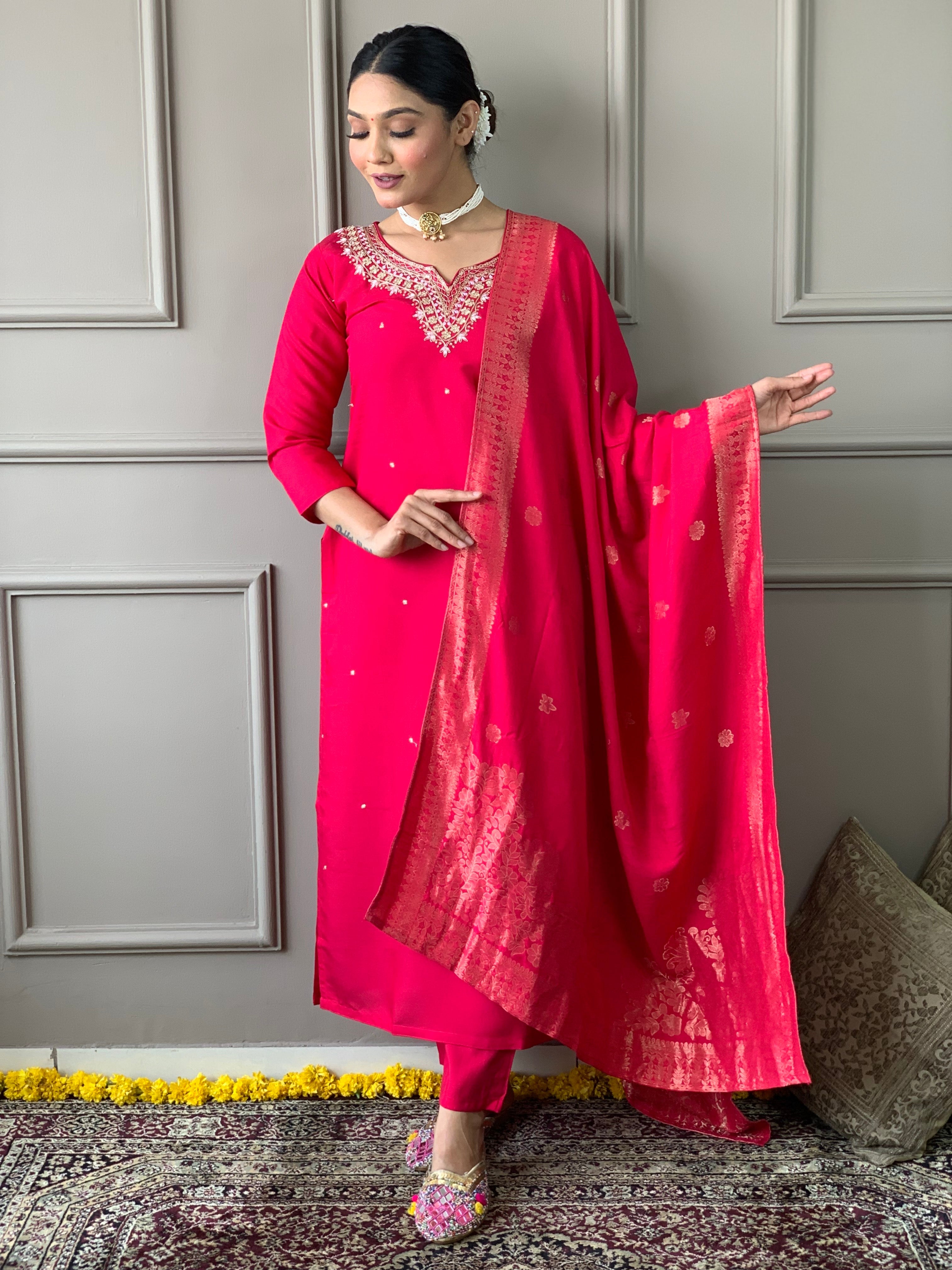 Women's Embroidered Straight Kurta with Viscose Chanderi Pant & Naylon Jacquard Printed Dupatta Set