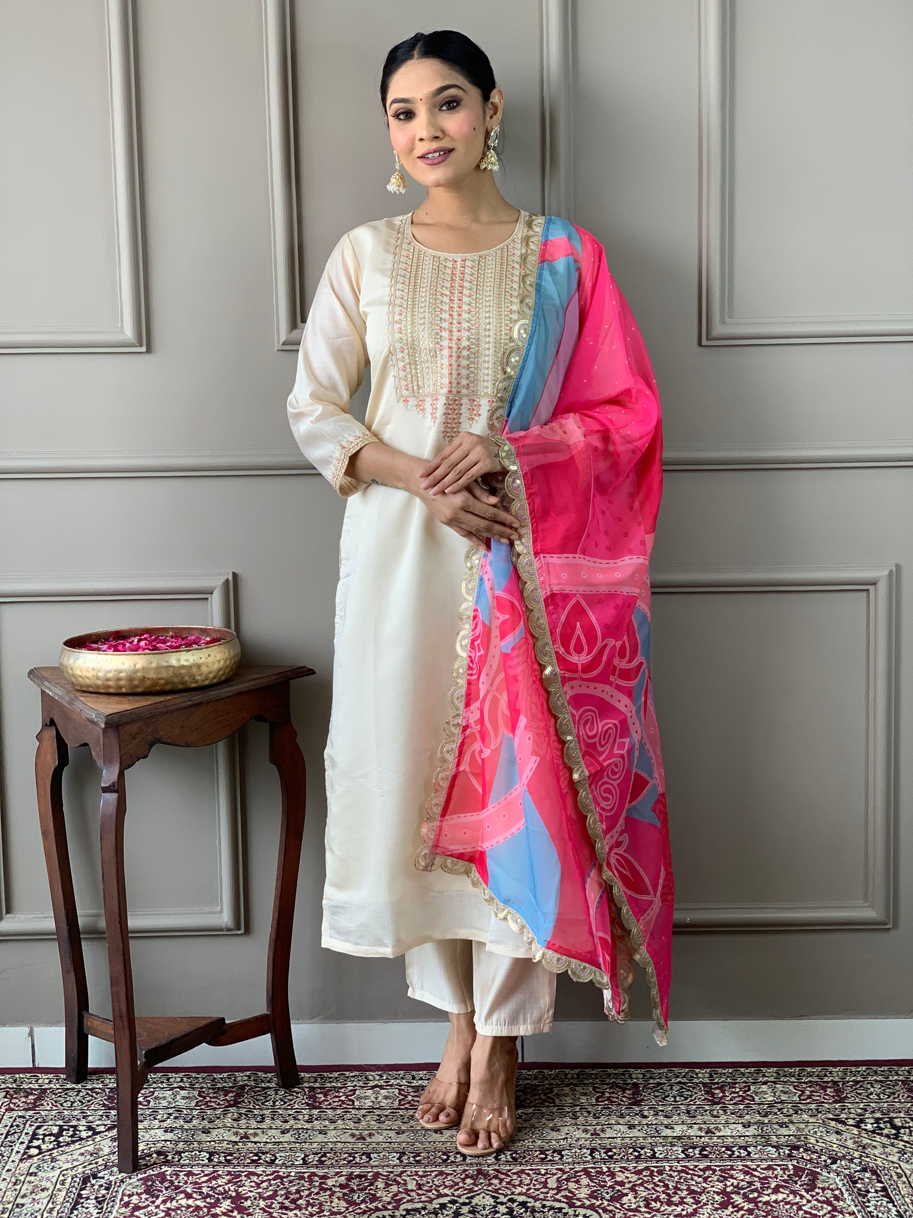 Viscose Chanderi Embroidered White Kurta with Pant and Dupatta for Lightweight Traditional Kurta Set