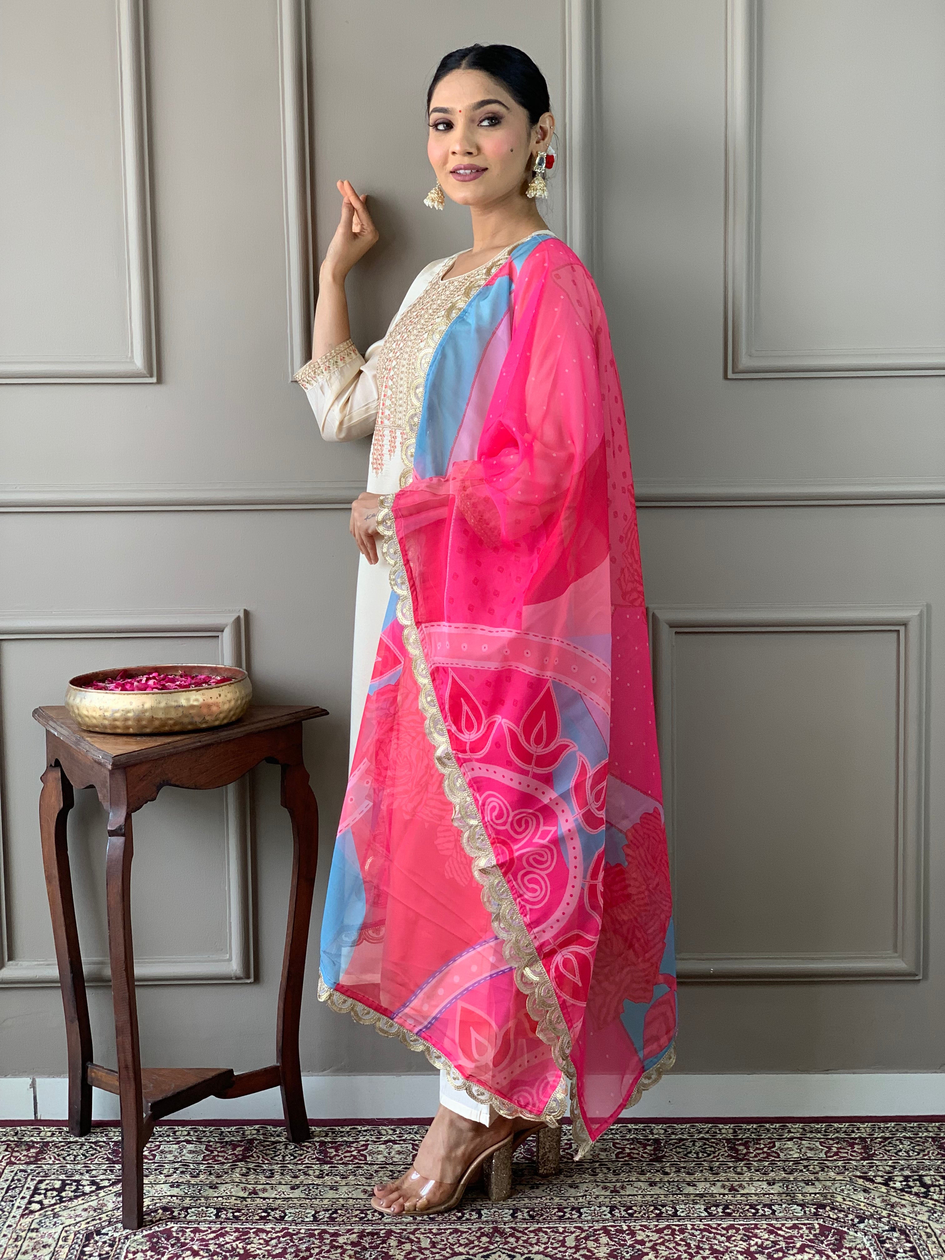 Viscose Chanderi Embroidered White Kurta with Pant and Dupatta for Lightweight Traditional Kurta Set