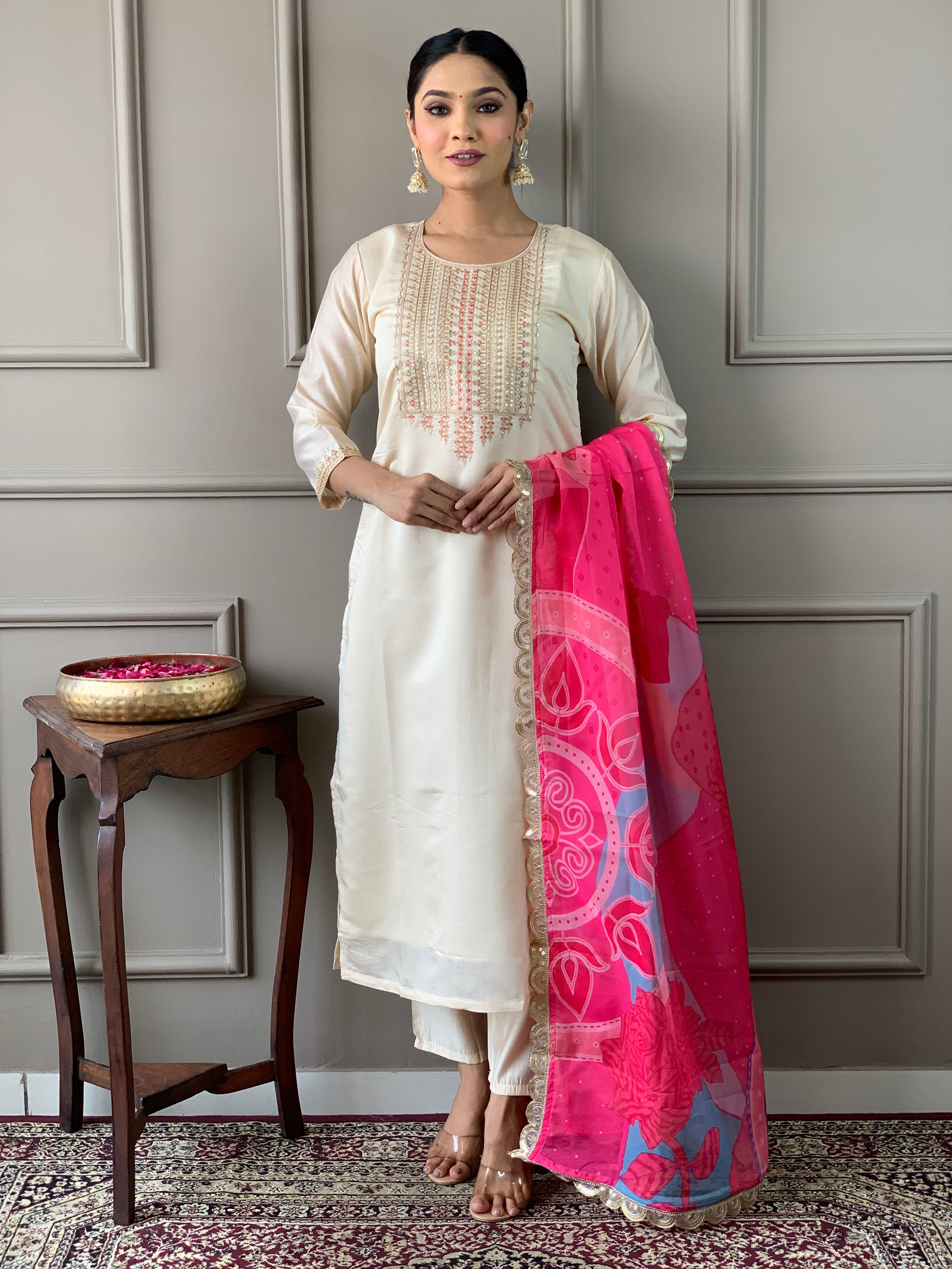 Viscose Chanderi Embroidered White Kurta with Pant and Dupatta for Lightweight Traditional Kurta Set