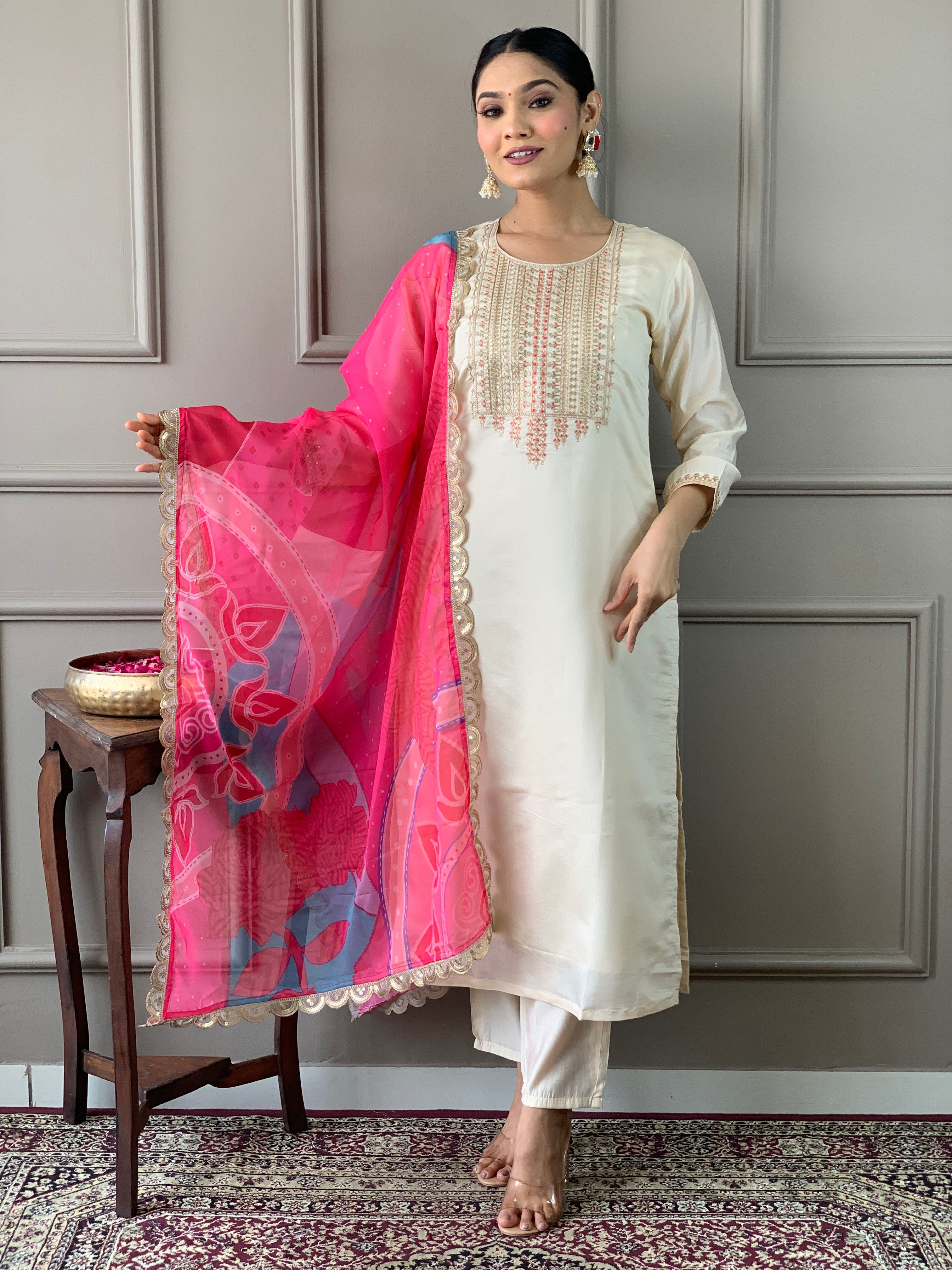 Viscose Chanderi Embroidered White Kurta with Pant and Dupatta for Lightweight Traditional Kurta Set