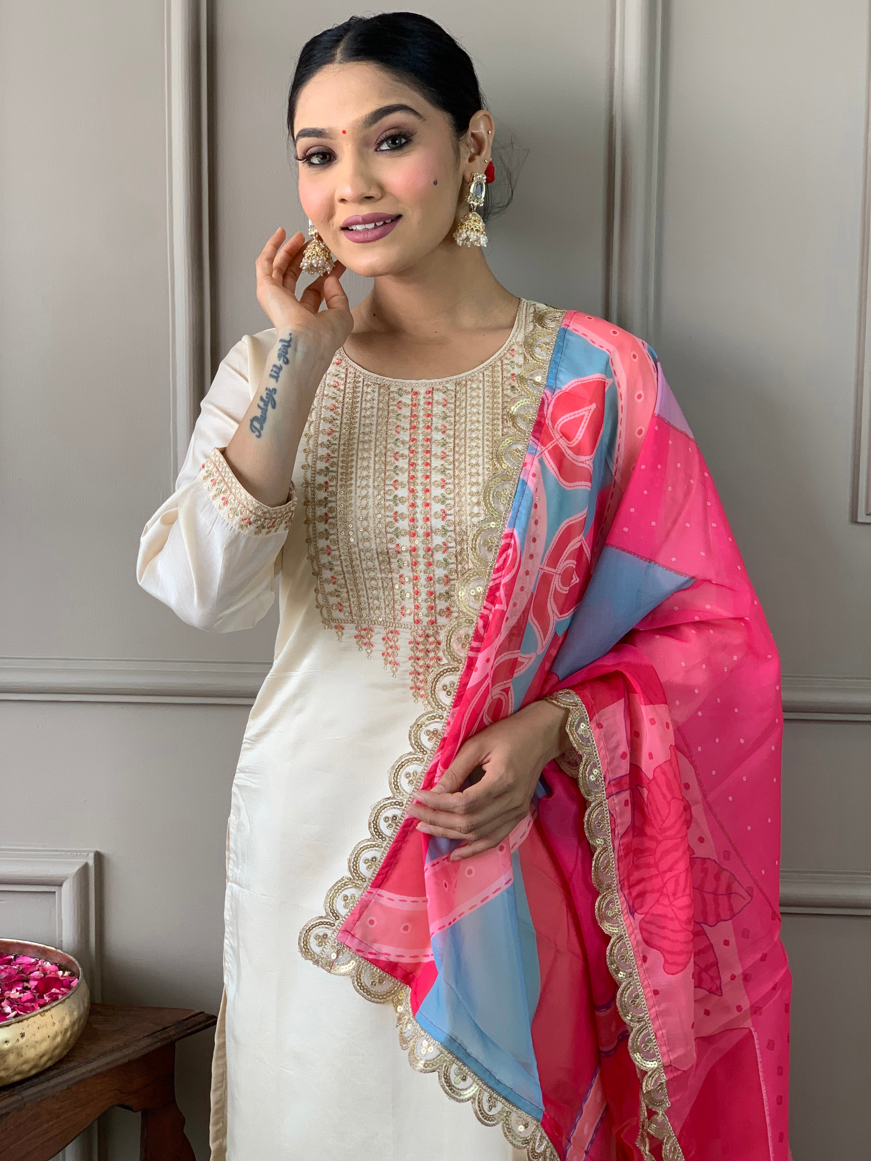 Viscose Chanderi Embroidered White Kurta with Pant and Dupatta for Lightweight Traditional Kurta Set