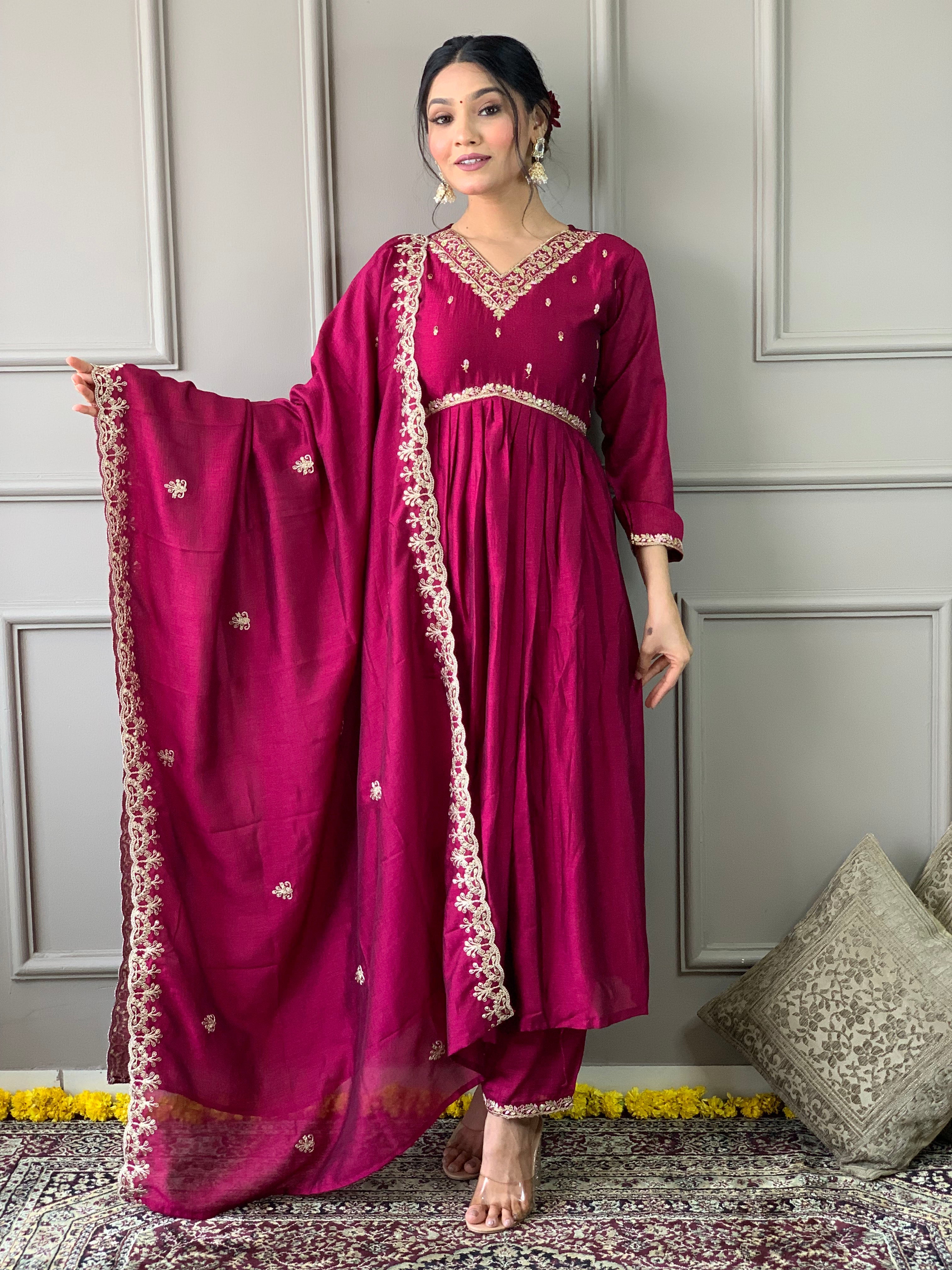 Women's Vichitra Embroidered Straight Kurta with Vichitra Pant & Vichitra Dupatta Set