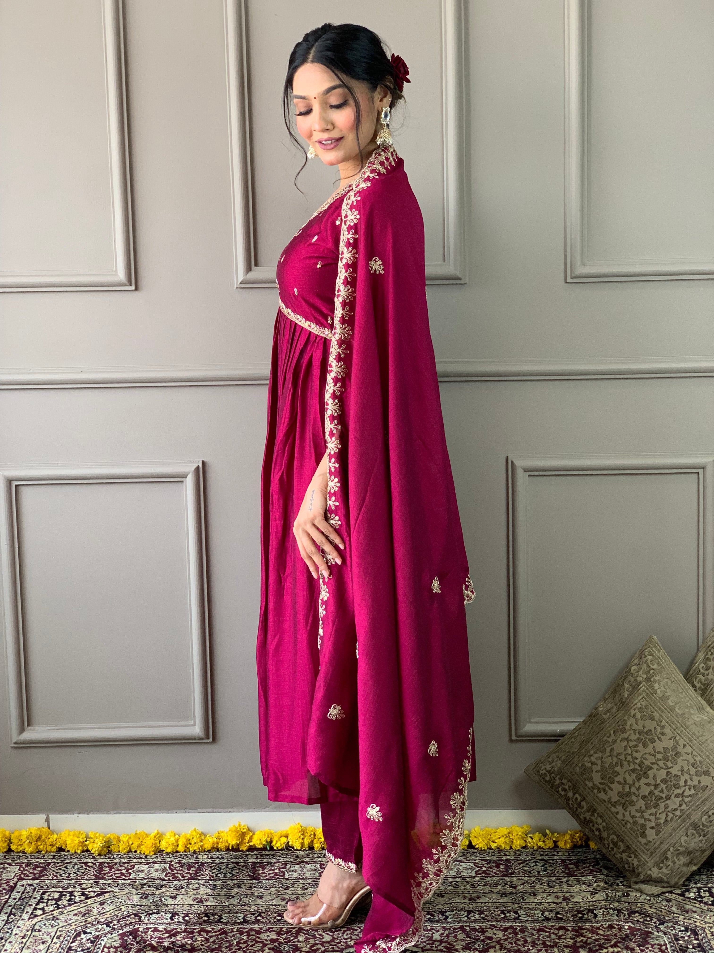 Women's Vichitra Embroidered Straight Kurta with Vichitra Pant & Vichitra Dupatta Set