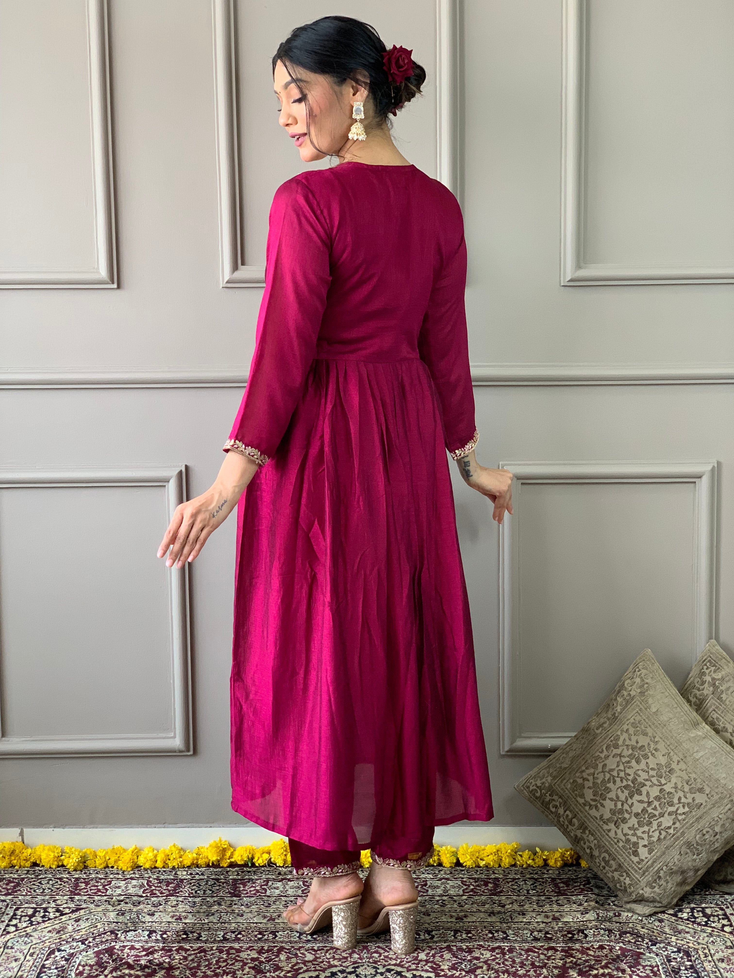 Women's Vichitra Embroidered Straight Kurta with Vichitra Pant & Vichitra Dupatta Set