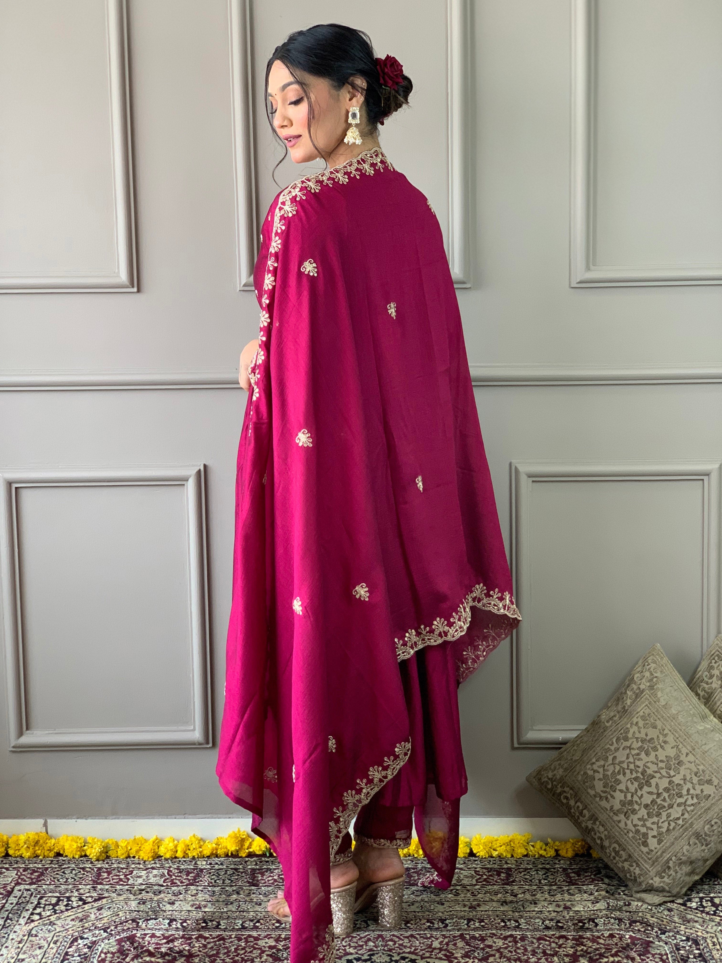 Women's Vichitra Embroidered Straight Kurta with Vichitra Pant & Vichitra Dupatta Set