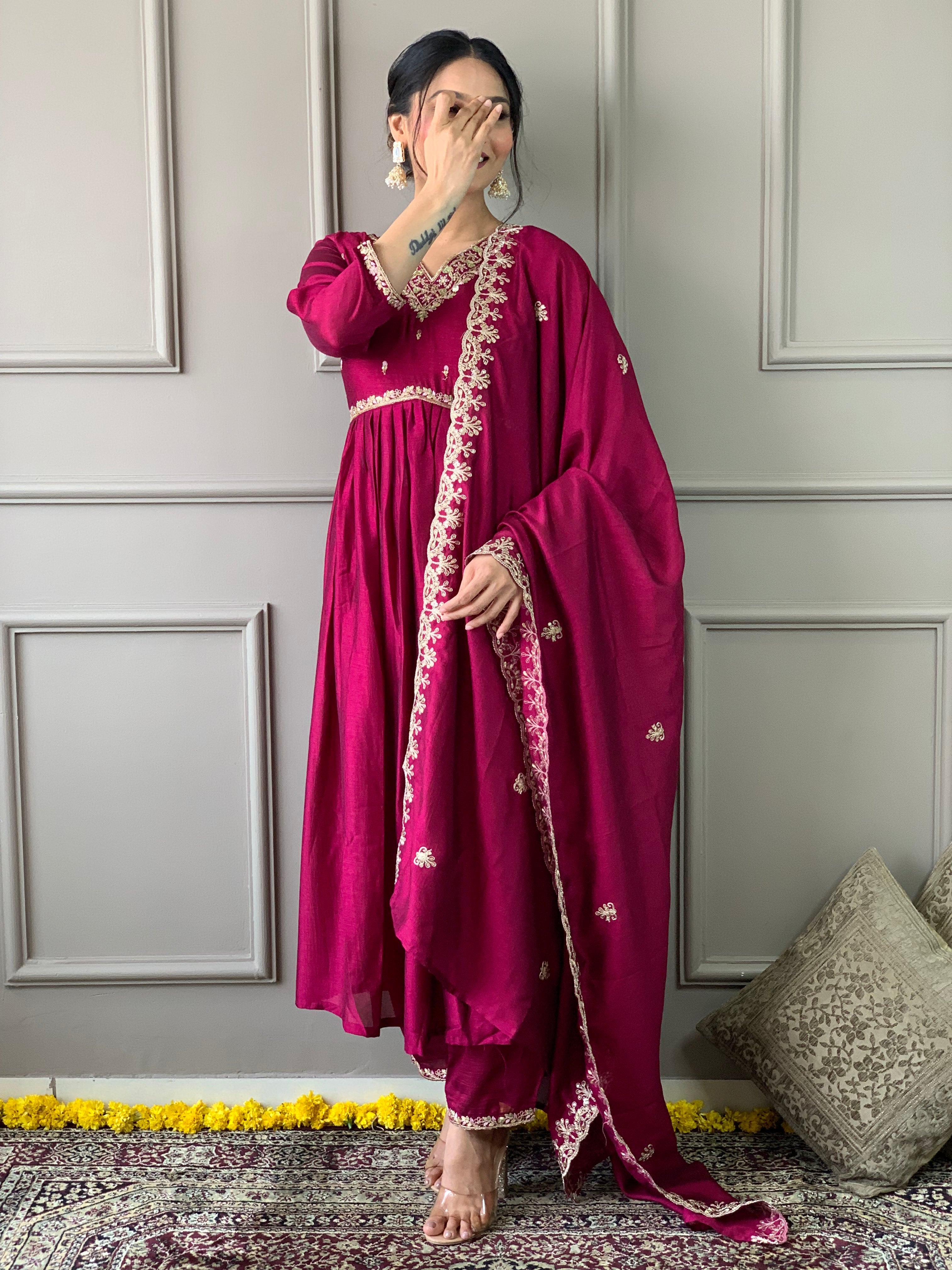 Women's Vichitra Embroidered Straight Kurta with Vichitra Pant & Vichitra Dupatta Set