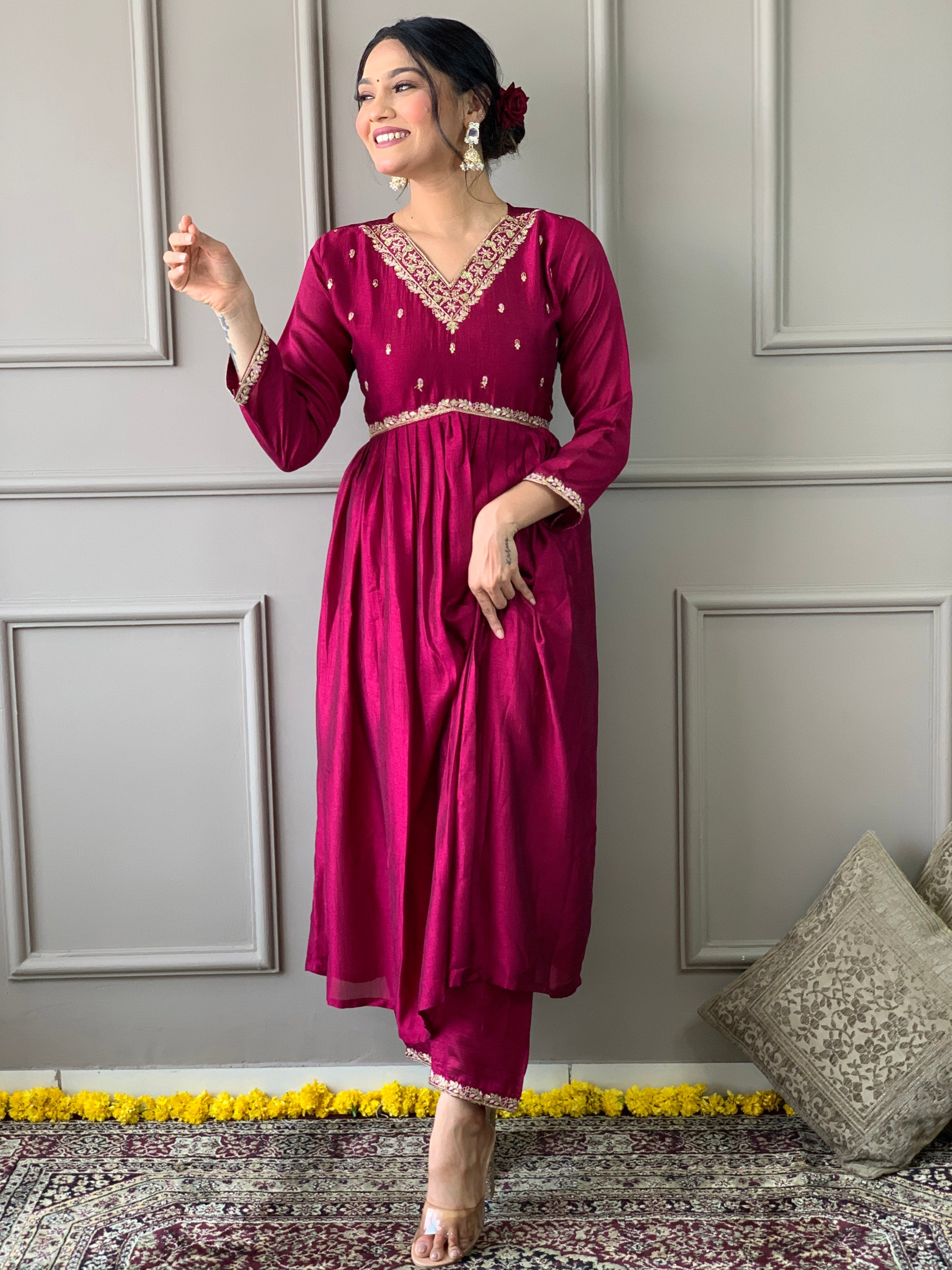 Women's Vichitra Embroidered Straight Kurta with Vichitra Pant & Vichitra Dupatta Set