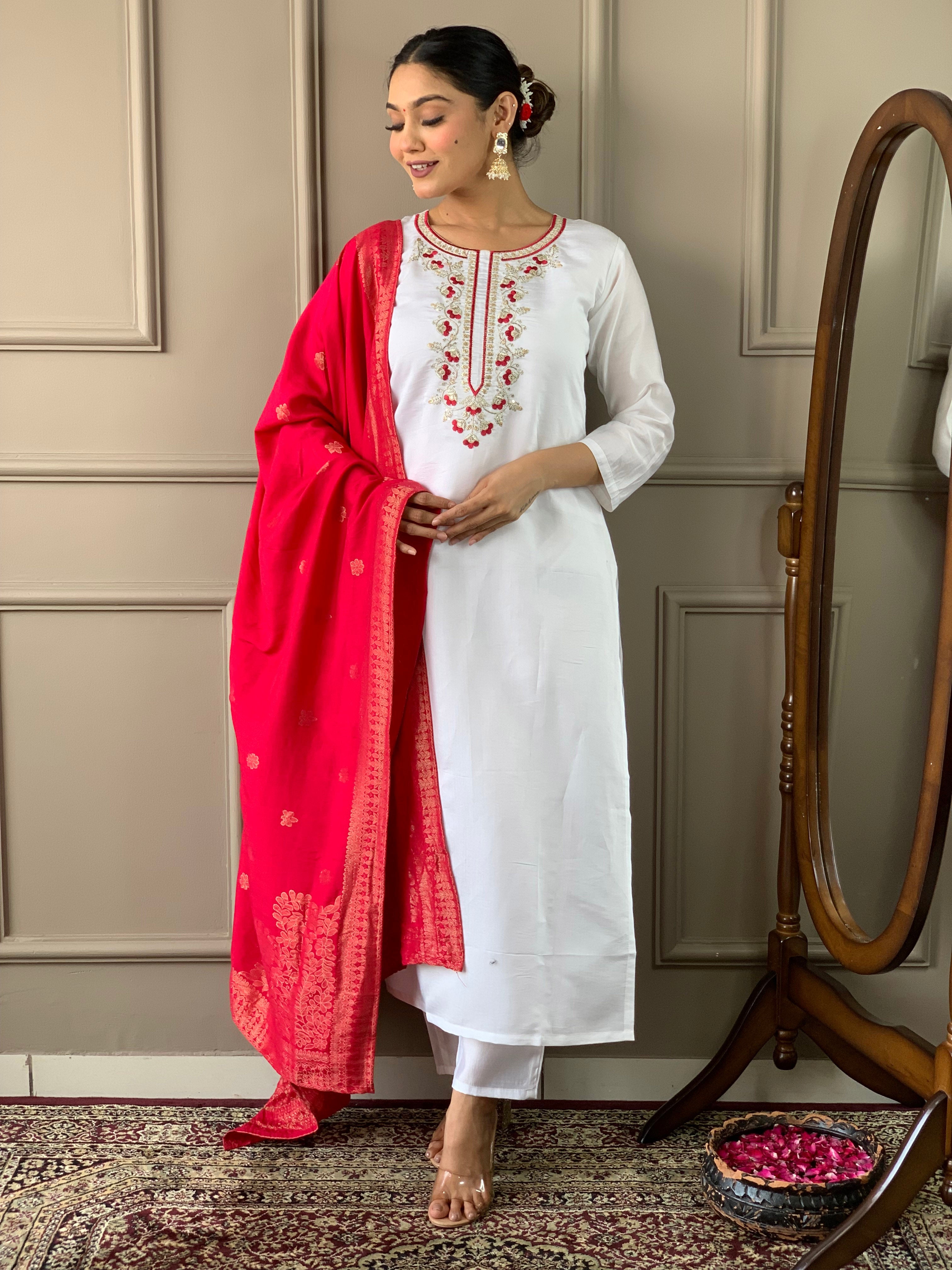 Women's Viscose chanderi Embroidered Kurta Set with Pant and Chinon Dupatta