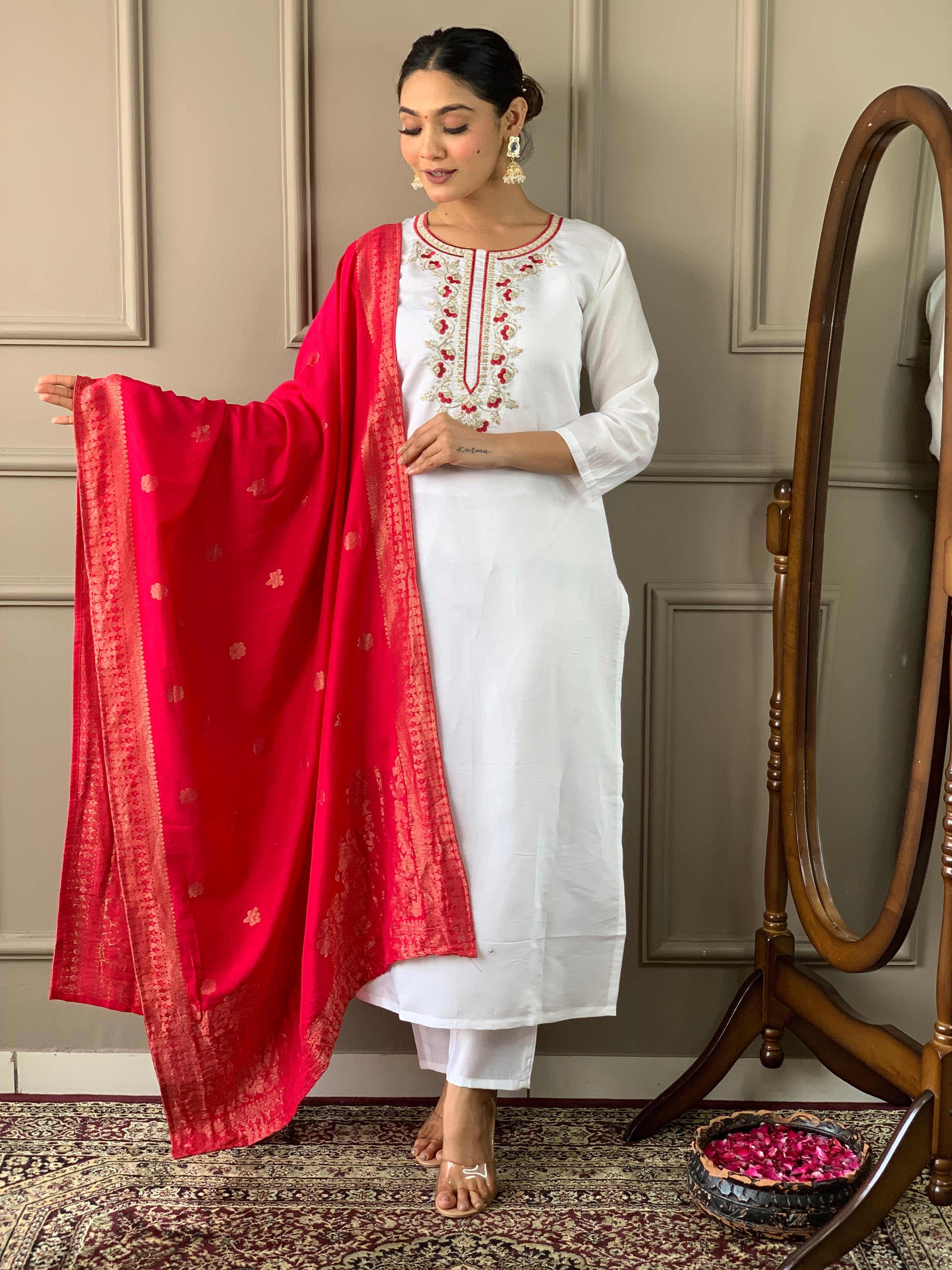 Women's Viscose chanderi Embroidered Kurta Set with Pant and Chinon Dupatta