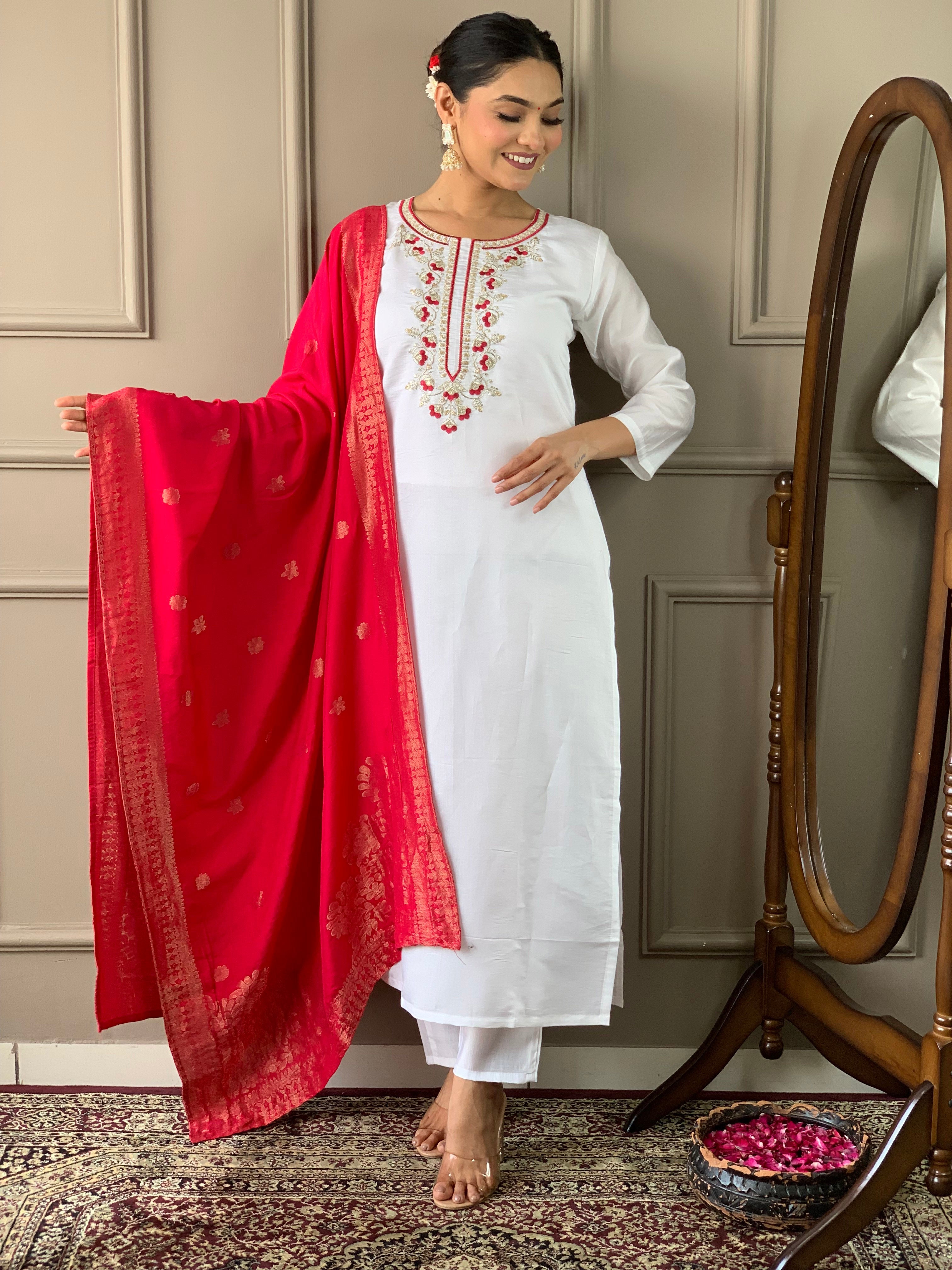 Women's Viscose chanderi Embroidered Kurta Set with Pant and Chinon Dupatta