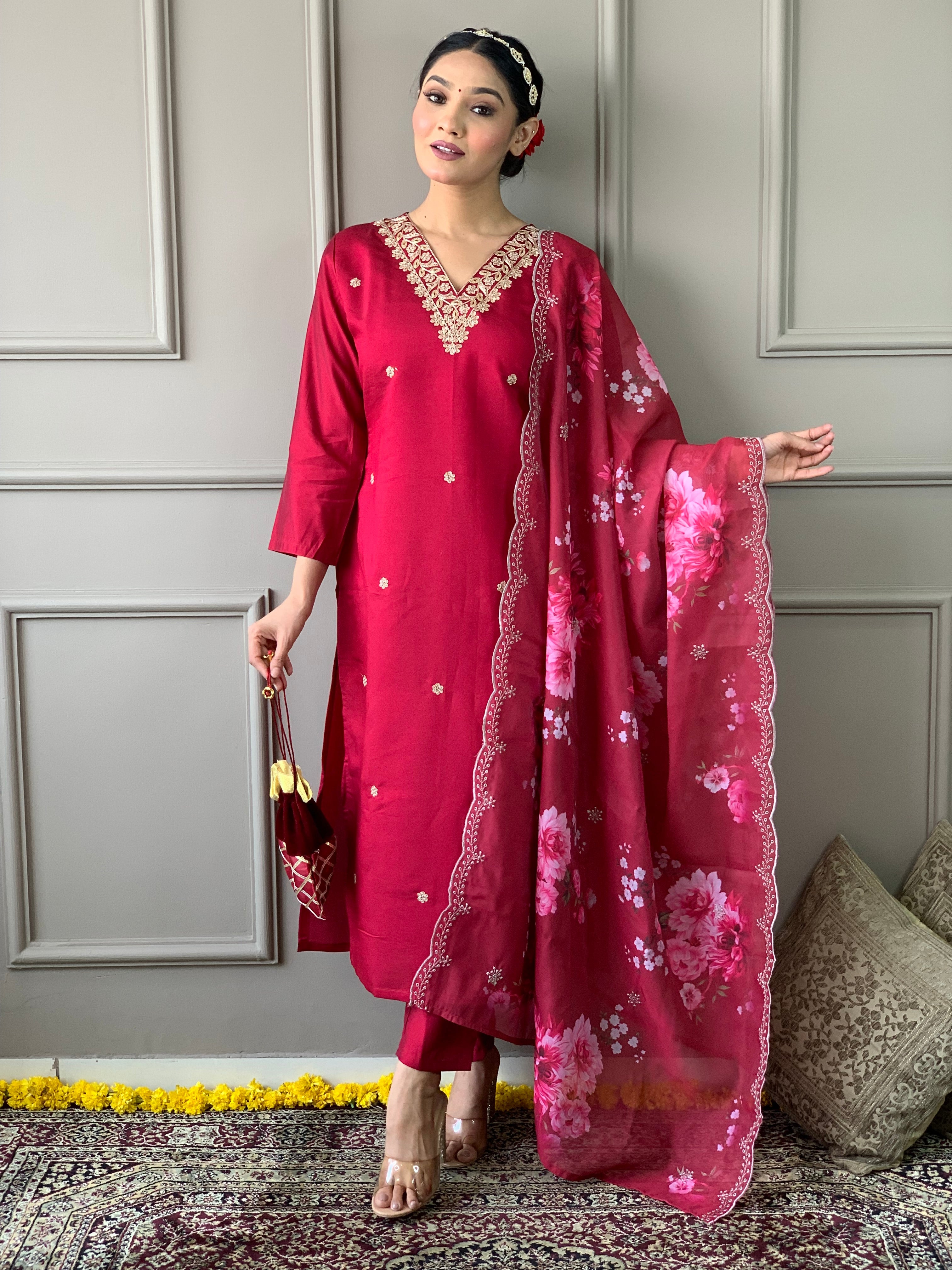 Women's White Viscose Chanderi Kurta Sharara Set with Dupatta | Handblock Print & Notch Neck Design