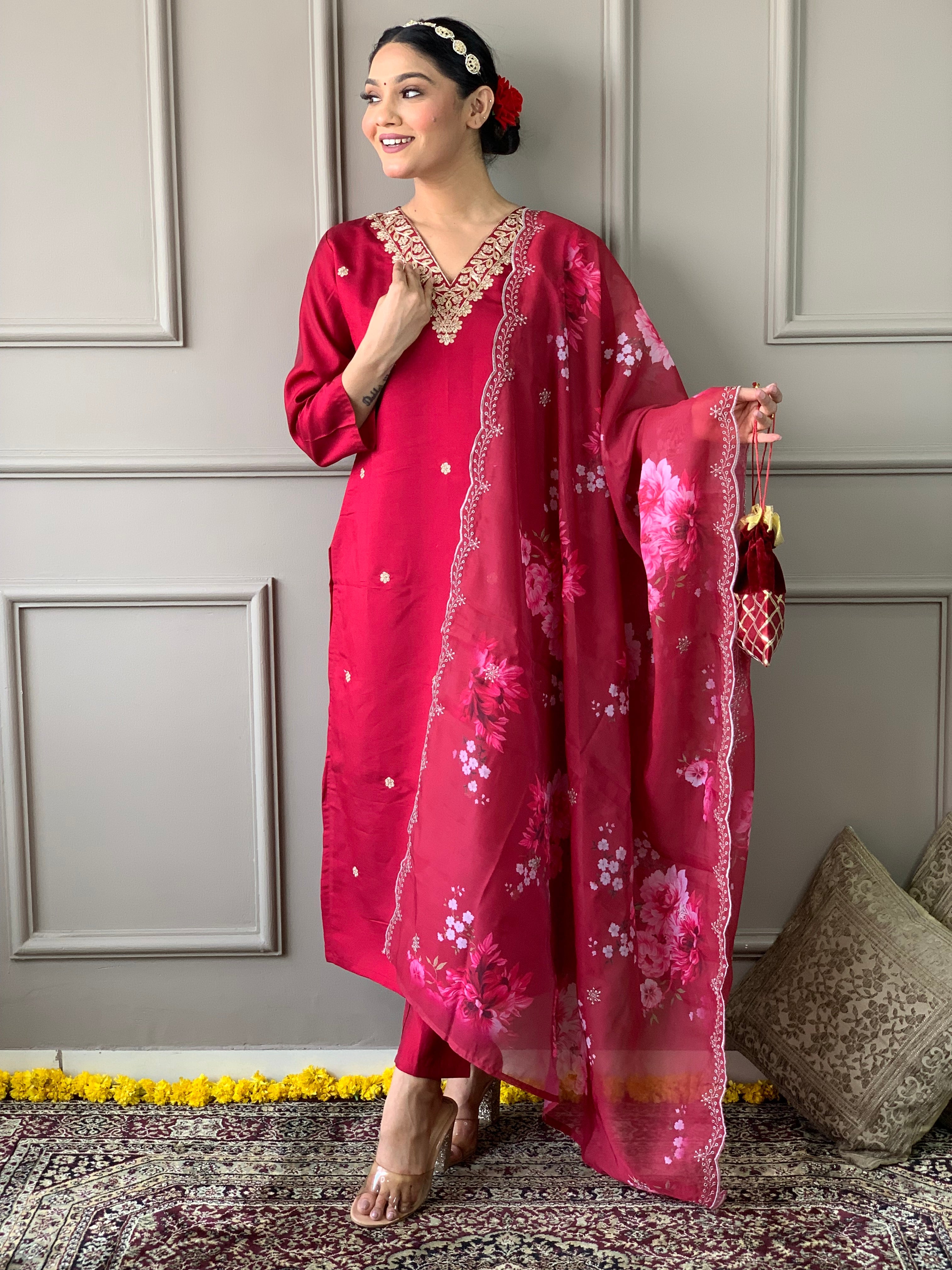 Women's White Viscose Chanderi Kurta Sharara Set with Dupatta | Handblock Print & Notch Neck Design
