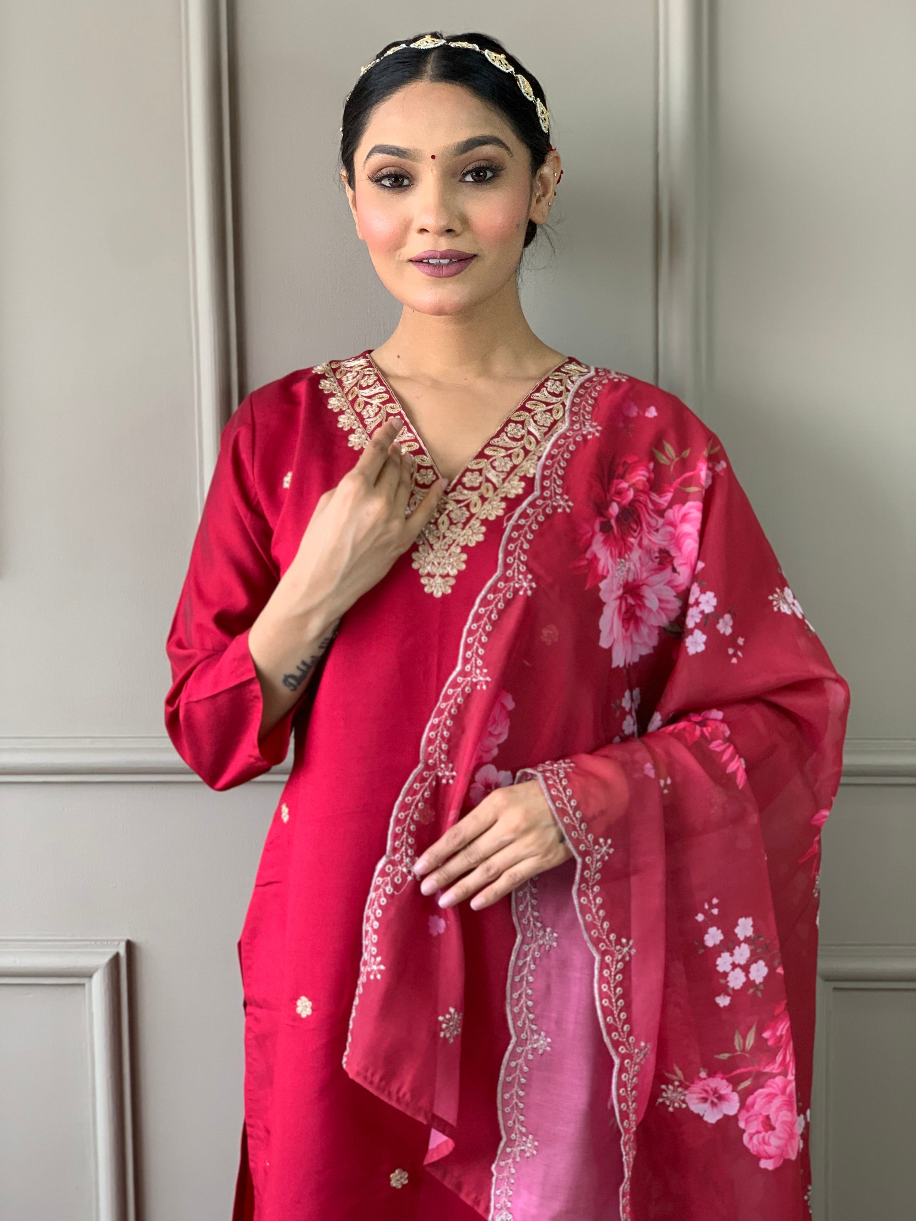 Women's White Viscose Chanderi Kurta Sharara Set with Dupatta | Handblock Print & Notch Neck Design