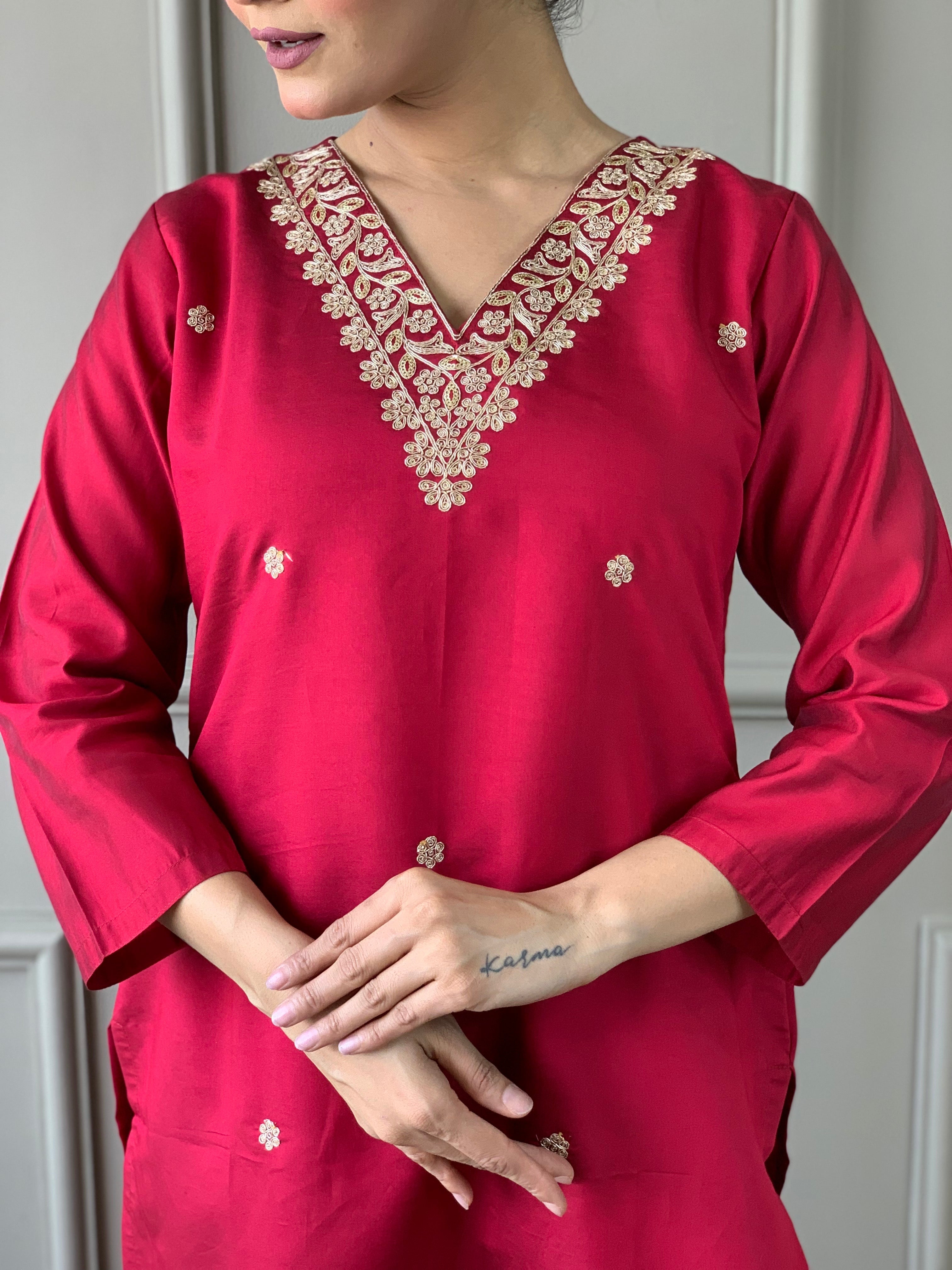 Women's White Viscose Chanderi Kurta Sharara Set with Dupatta | Handblock Print & Notch Neck Design
