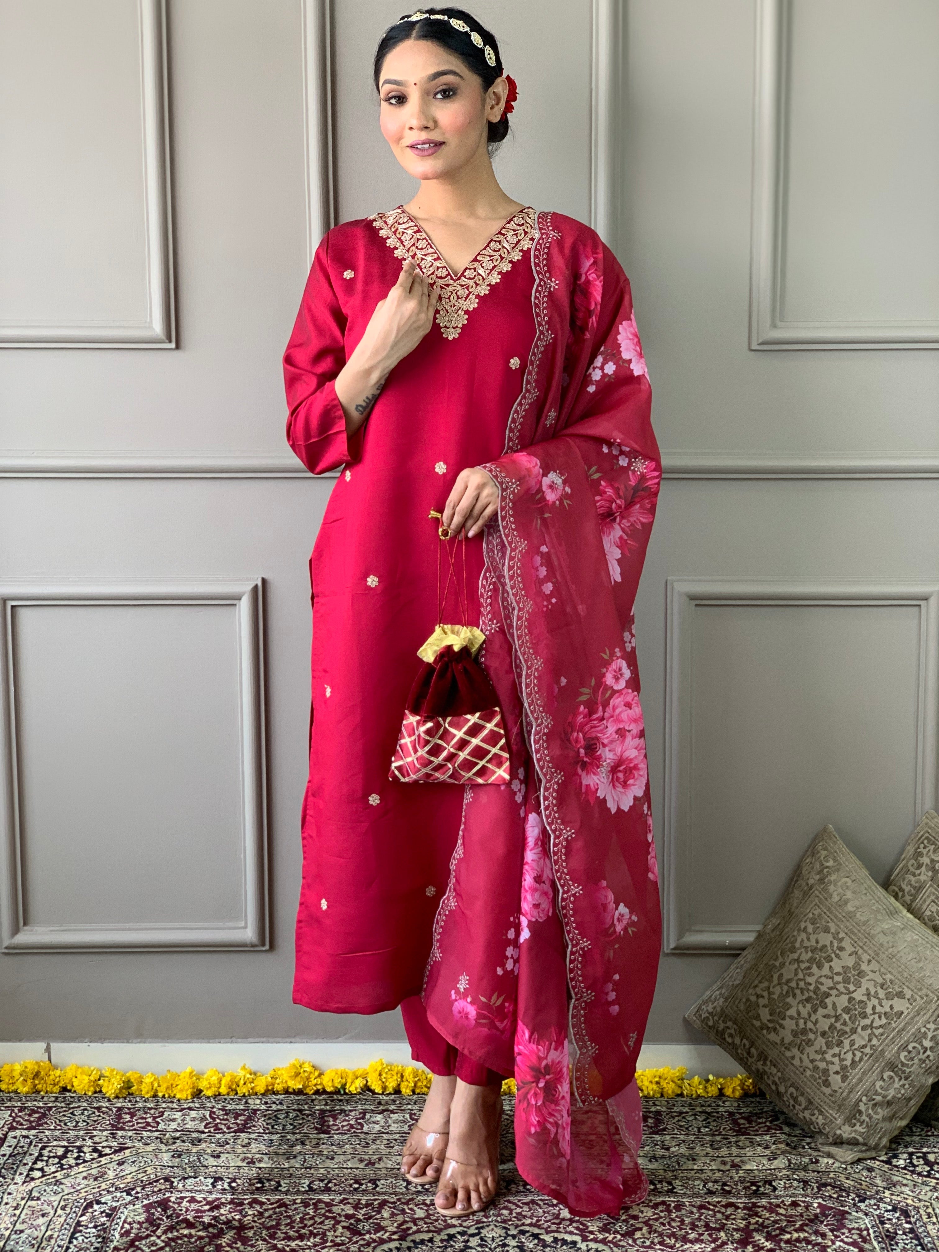 Women's White Viscose Chanderi Kurta Sharara Set with Dupatta | Handblock Print & Notch Neck Design