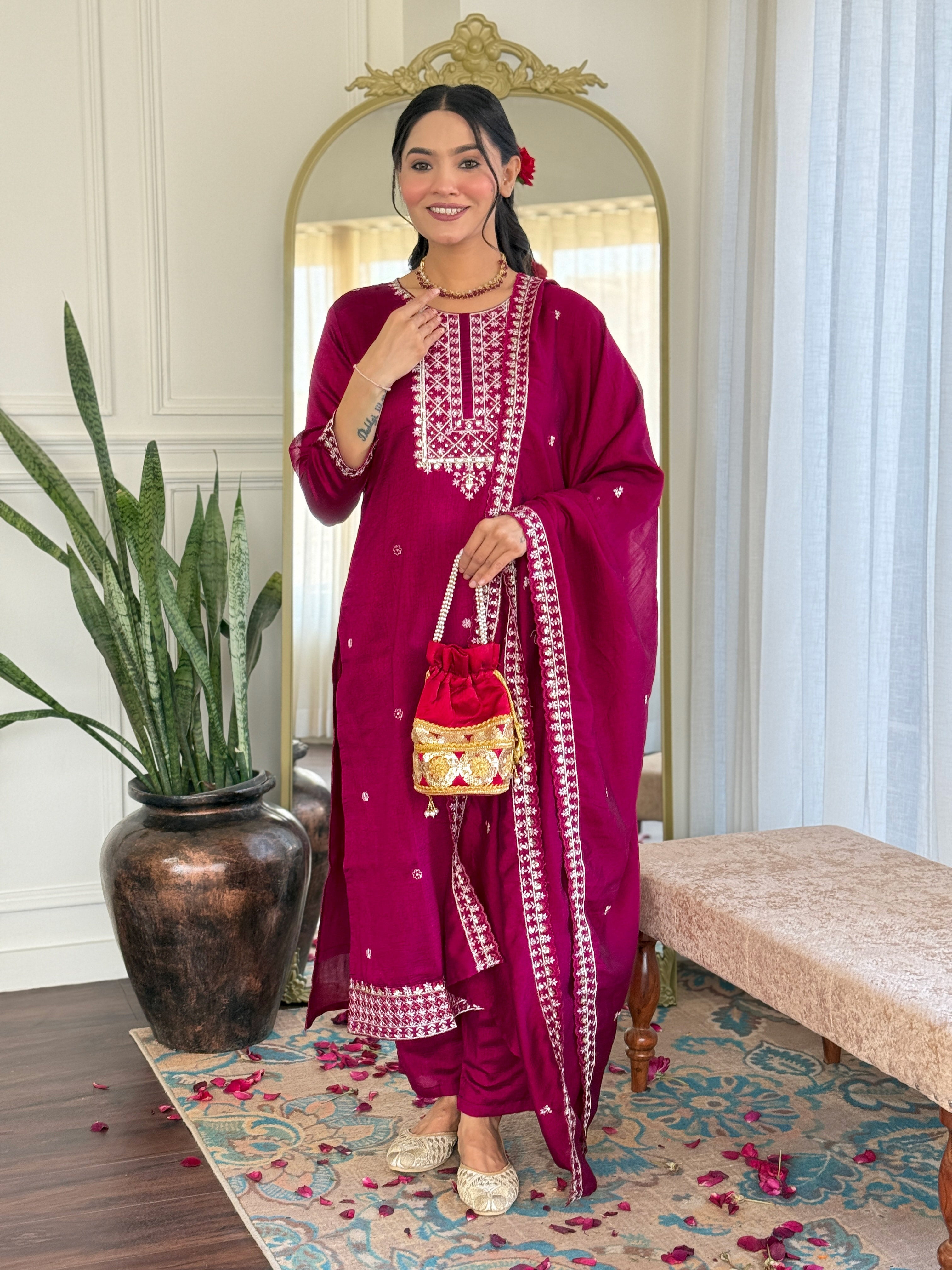 Women's CP Vichitra Embroidered Straight Kurta with CP Vichitra Pant & CP Vichitra Dupatta Set