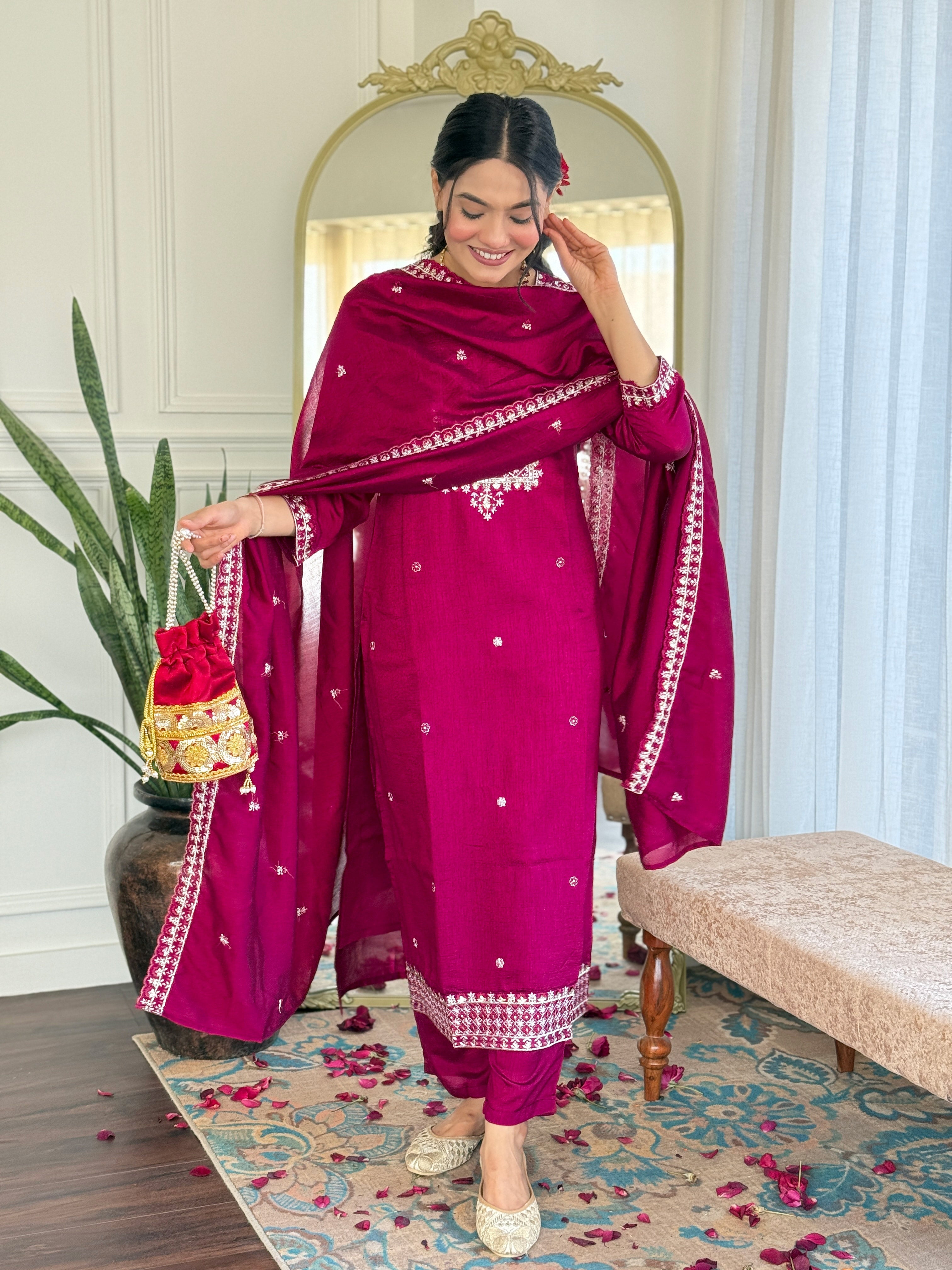 Women's CP Vichitra Embroidered Straight Kurta with CP Vichitra Pant & CP Vichitra Dupatta Set