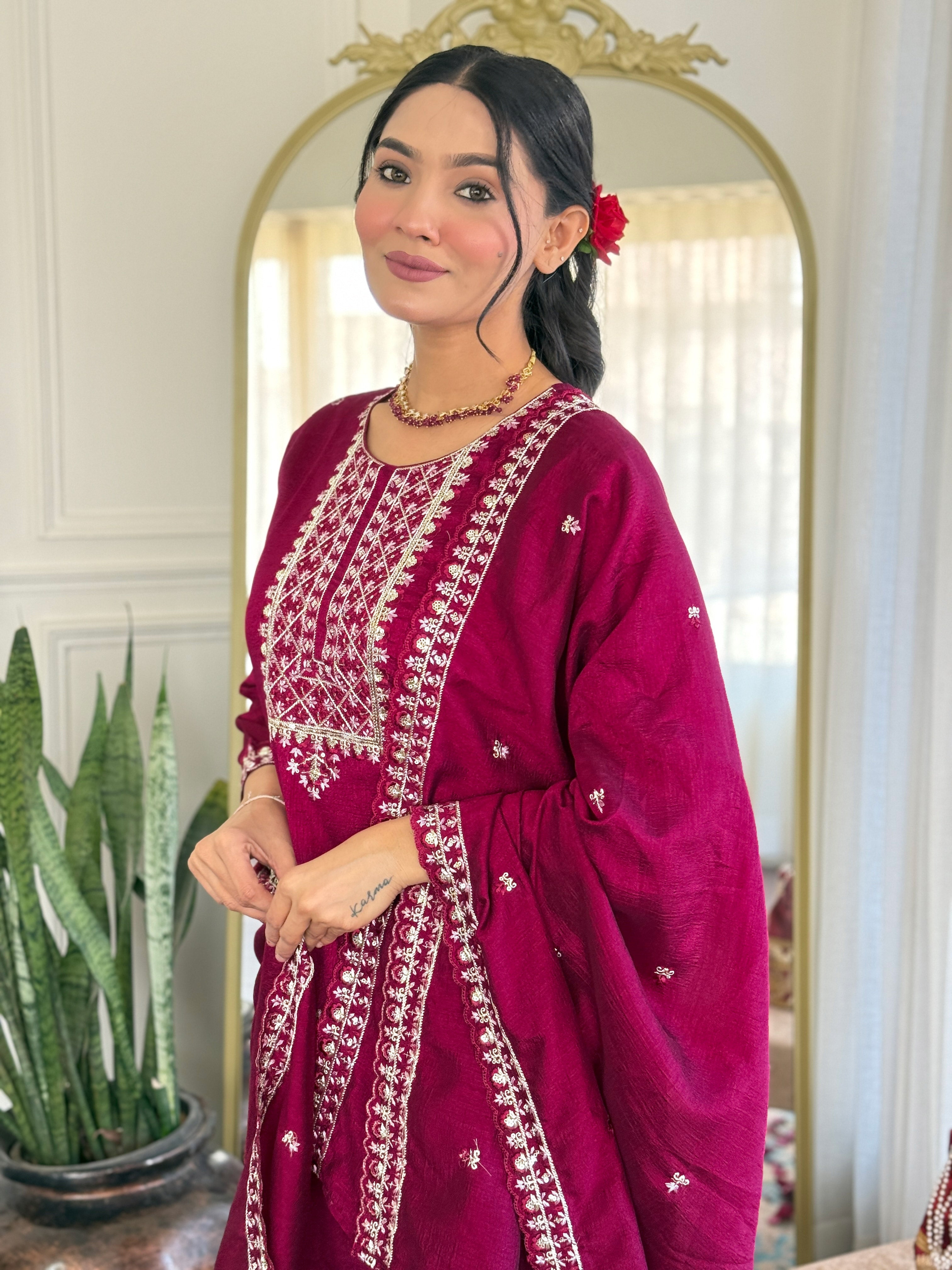 Women's CP Vichitra Embroidered Straight Kurta with CP Vichitra Pant & CP Vichitra Dupatta Set