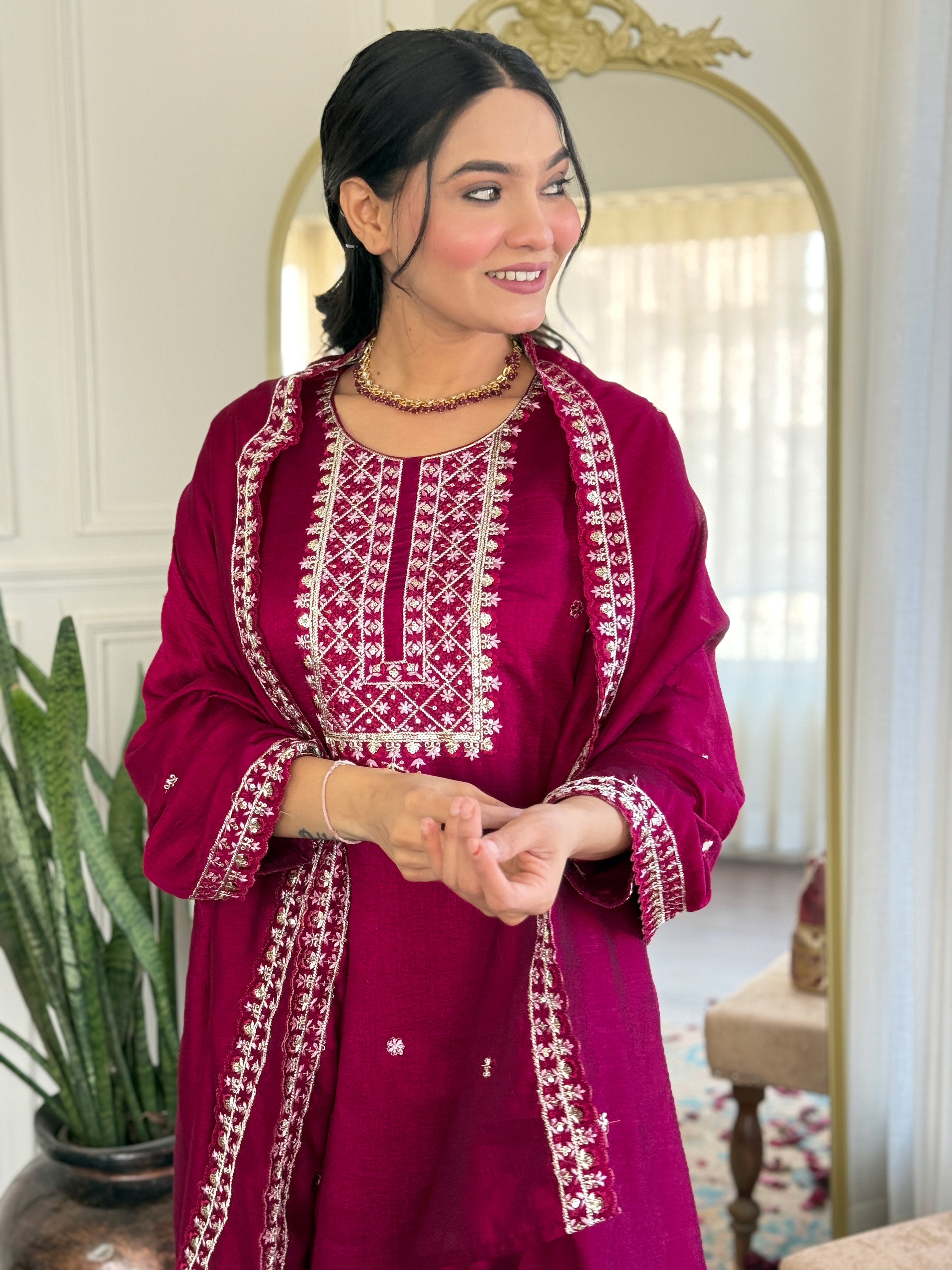 Women's CP Vichitra Embroidered Straight Kurta with CP Vichitra Pant & CP Vichitra Dupatta Set