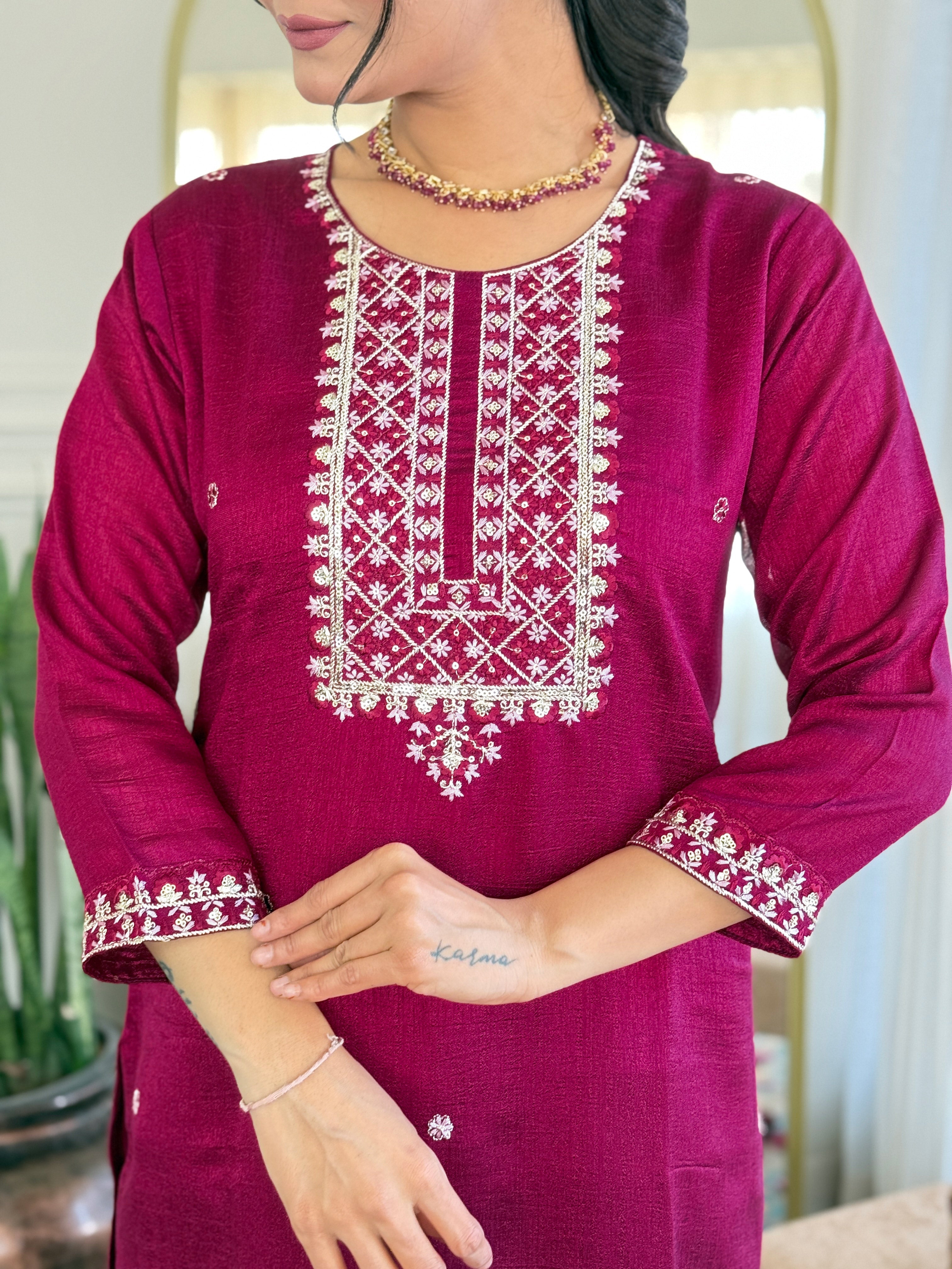 Women's CP Vichitra Embroidered Straight Kurta with CP Vichitra Pant & CP Vichitra Dupatta Set