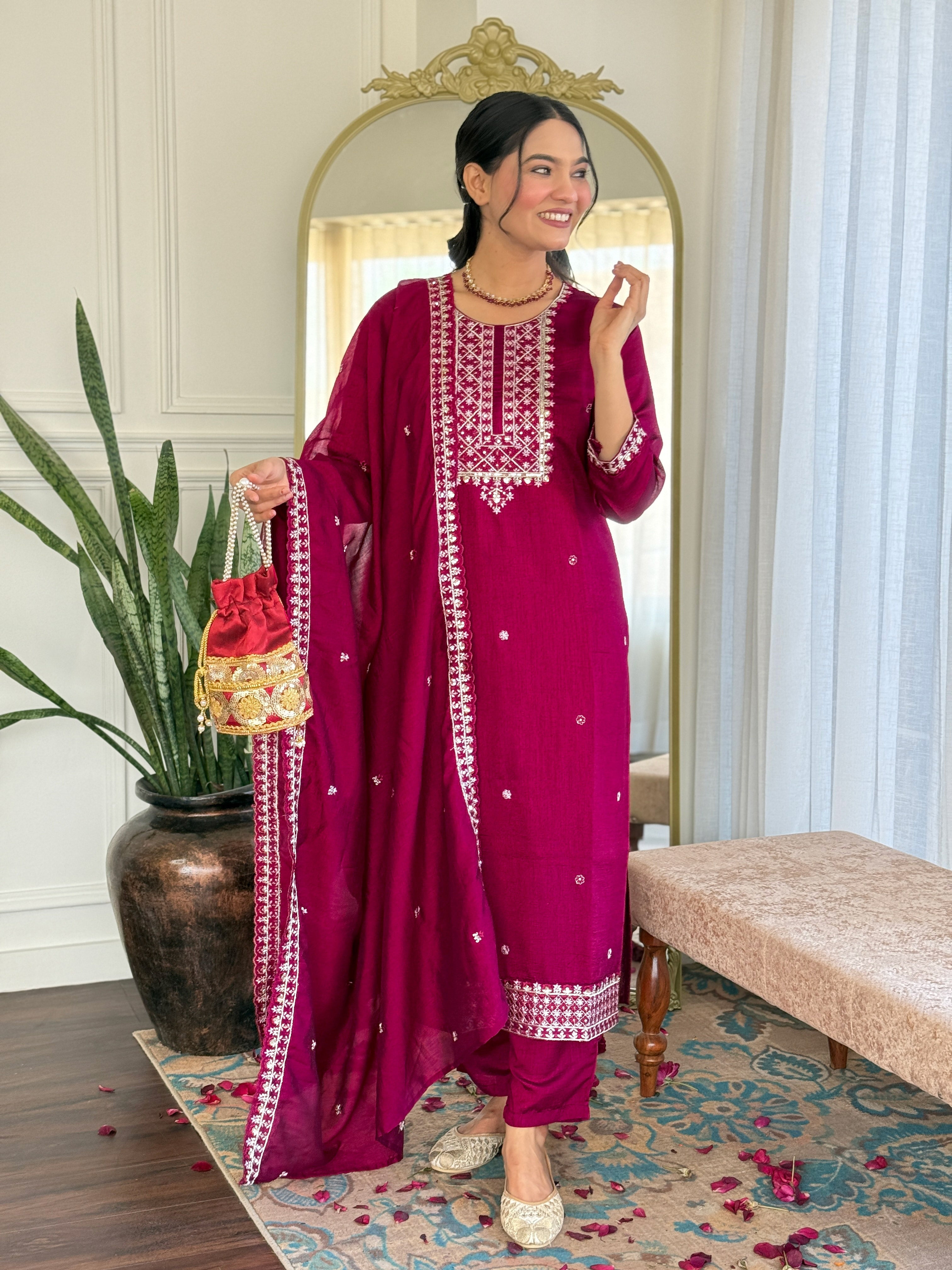 Women's CP Vichitra Embroidered Straight Kurta with CP Vichitra Pant & CP Vichitra Dupatta Set