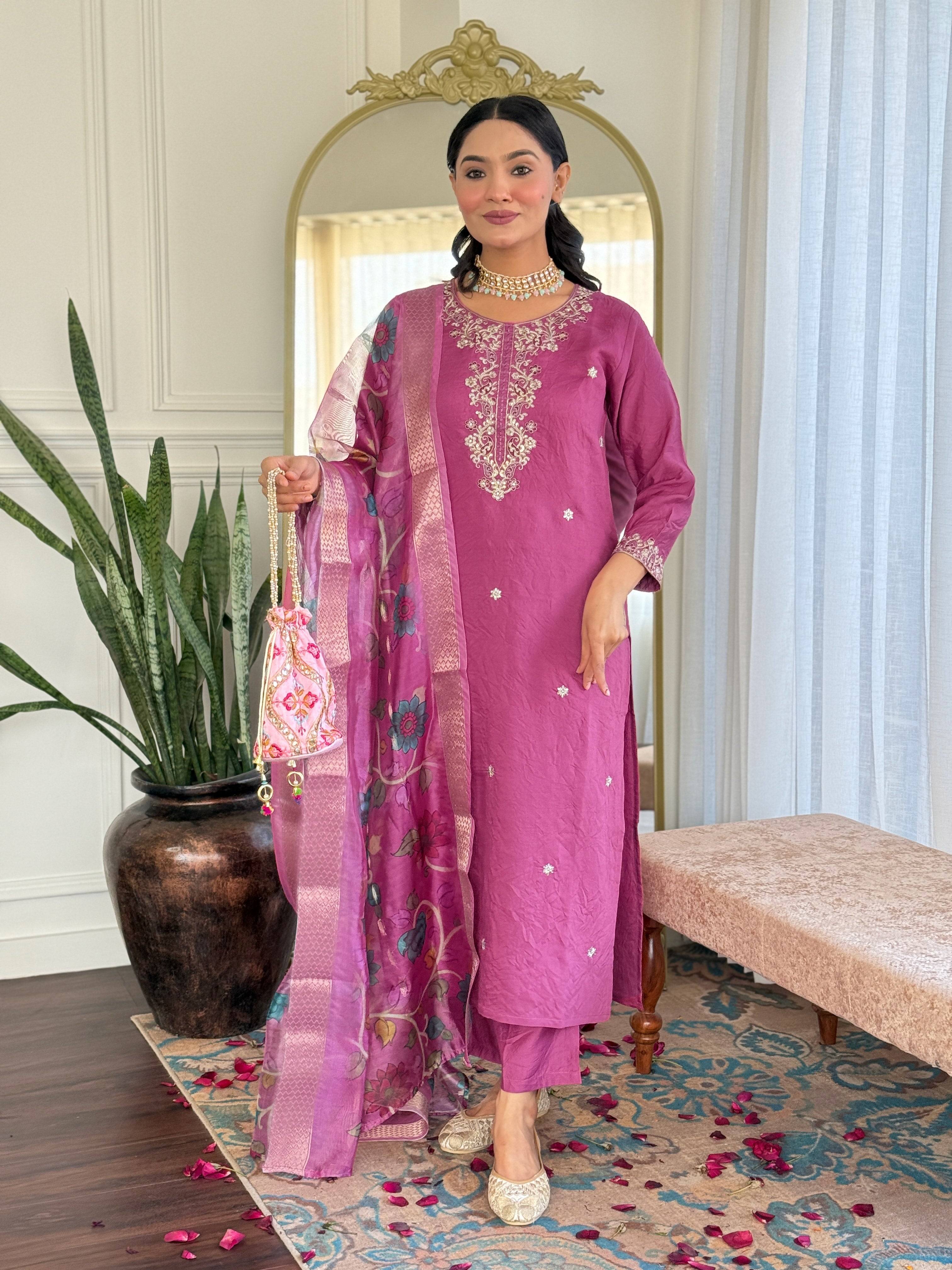 Women's Viscose Chanderi Embroidered Straight Kurta with Viscose Chanderi Pant & Nylon Jacquard Printed Dupatta Set