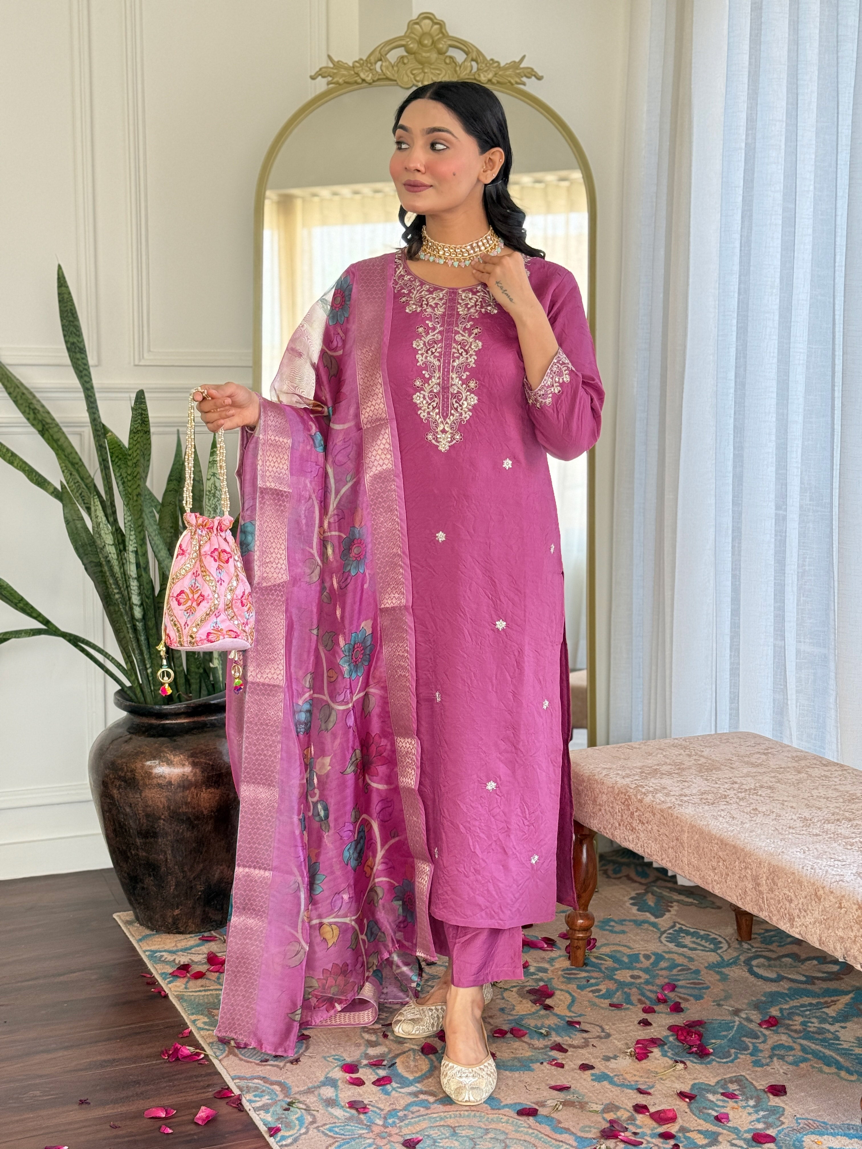 Women's Viscose Chanderi Embroidered Straight Kurta with Viscose Chanderi Pant & Nylon Jacquard Printed Dupatta Set