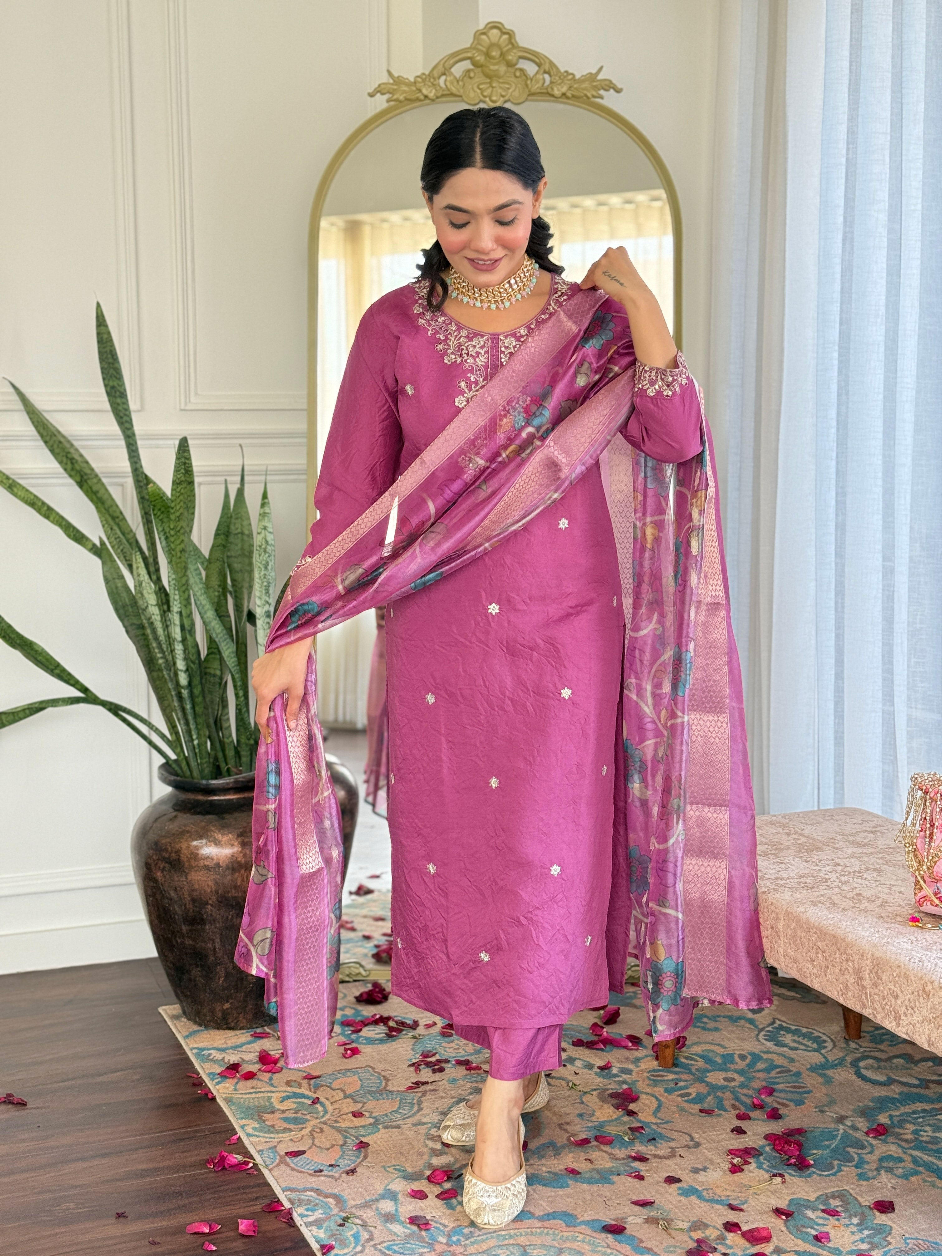 Women's Viscose Chanderi Embroidered Straight Kurta with Viscose Chanderi Pant & Nylon Jacquard Printed Dupatta Set