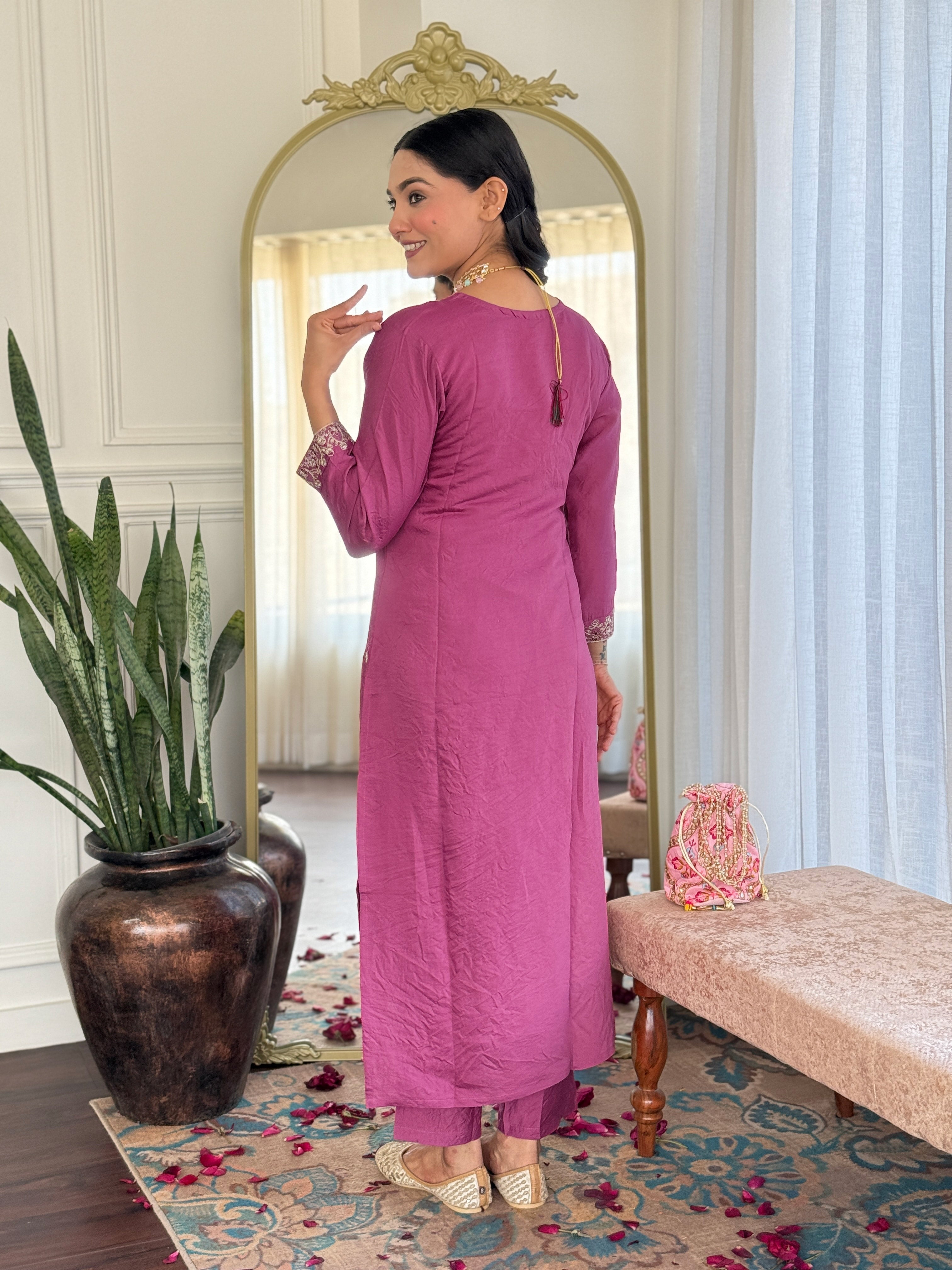 Women's Viscose Chanderi Embroidered Straight Kurta with Viscose Chanderi Pant & Nylon Jacquard Printed Dupatta Set