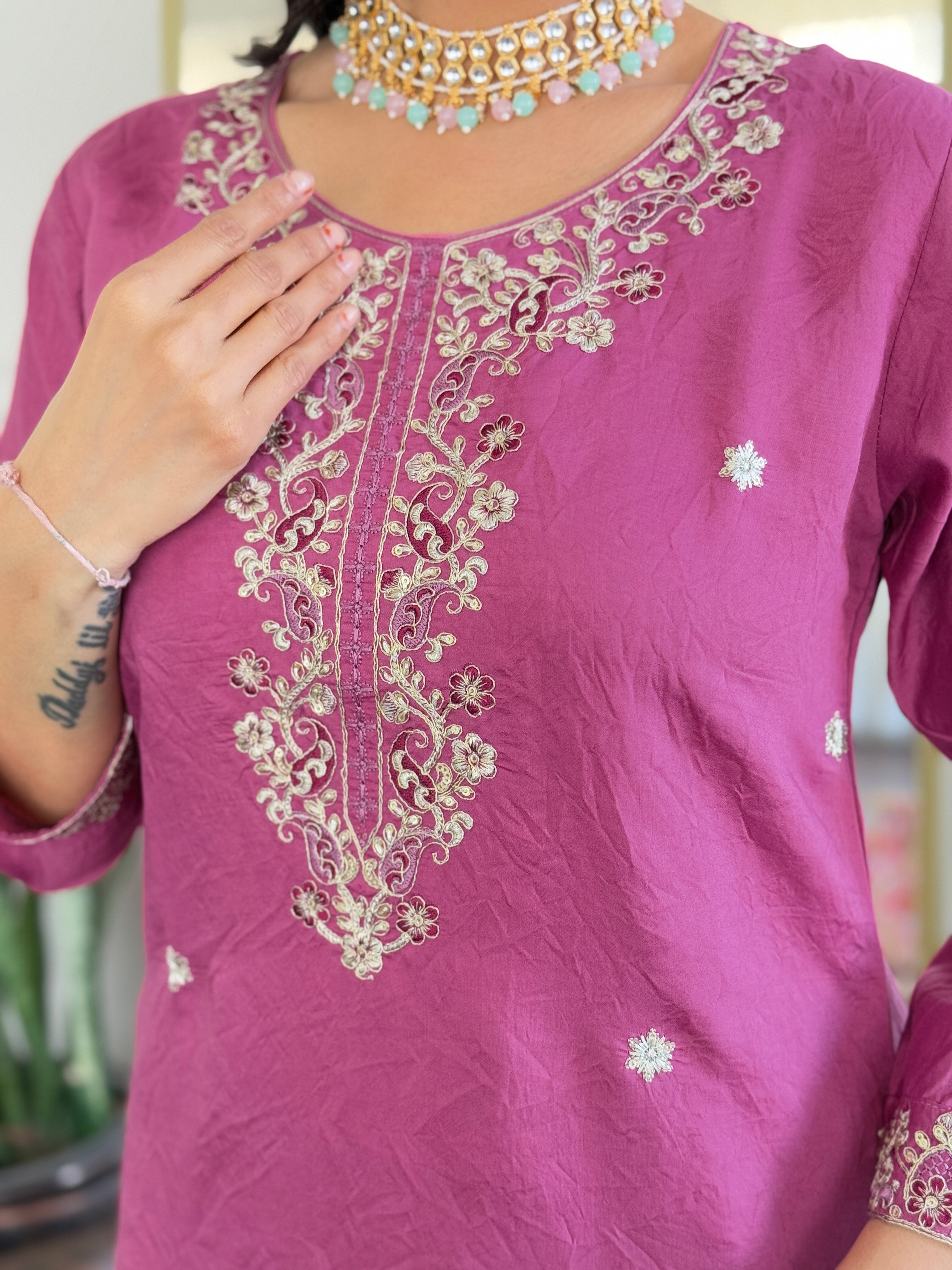 Women's Viscose Chanderi Embroidered Straight Kurta with Viscose Chanderi Pant & Nylon Jacquard Printed Dupatta Set