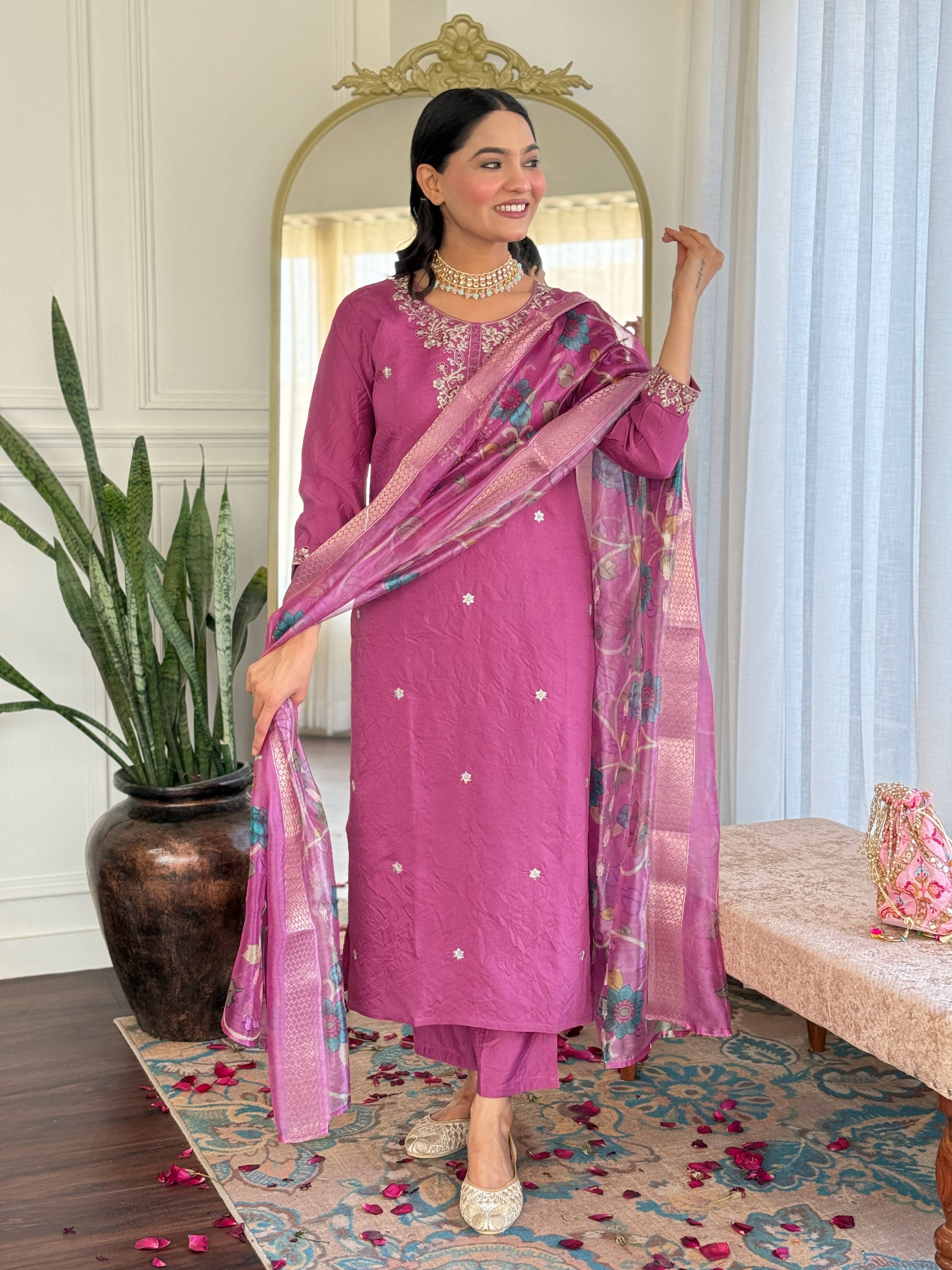 Women's Viscose Chanderi Embroidered Straight Kurta with Viscose Chanderi Pant & Nylon Jacquard Printed Dupatta Set