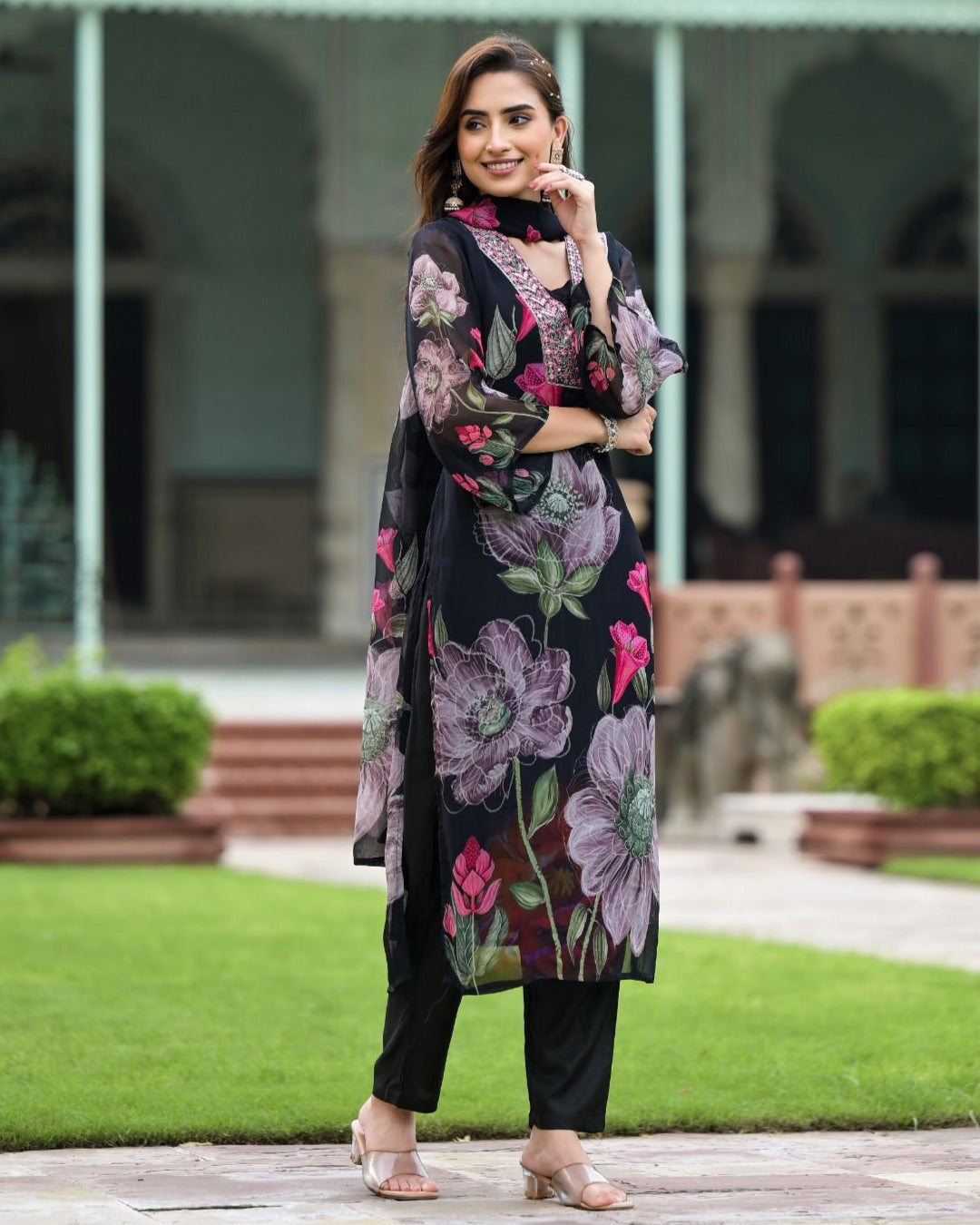 Stylish Womens Reyon Position Print with Embroidered Kurti Pant and Embroidered Dupatta Set